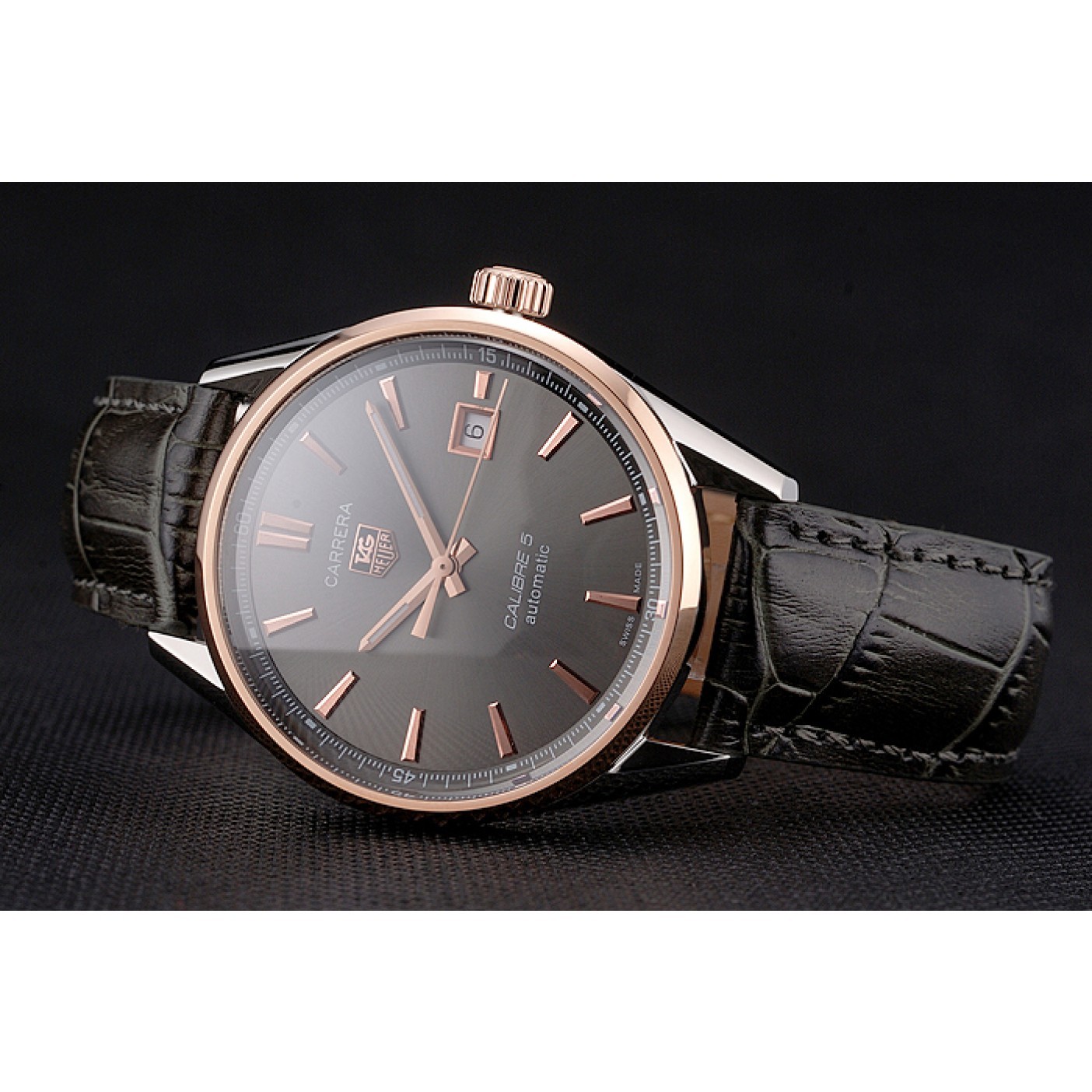 Swiss Tag Heuer Carrera Calibre 5 Gray Dial Rose Gold Case Black Leather Strap