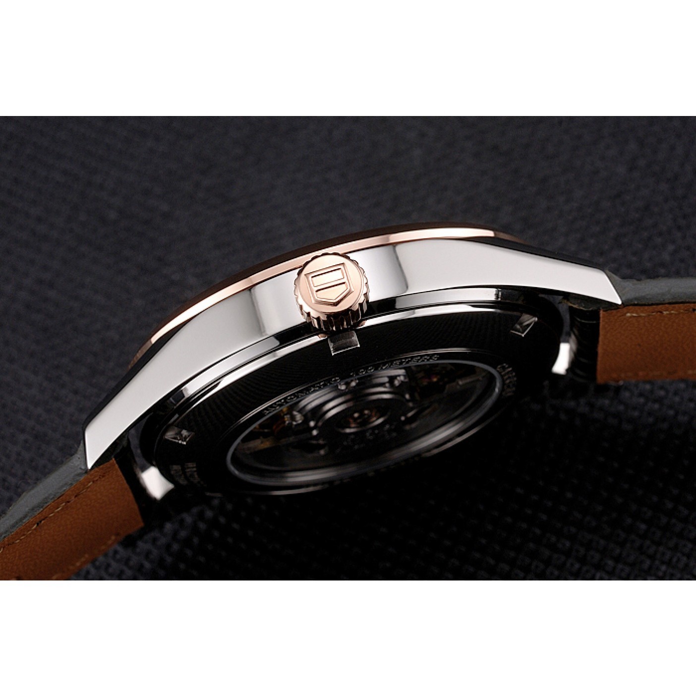 Swiss Tag Heuer Carrera Calibre 5 Gray Dial Rose Gold Case Black Leather Strap