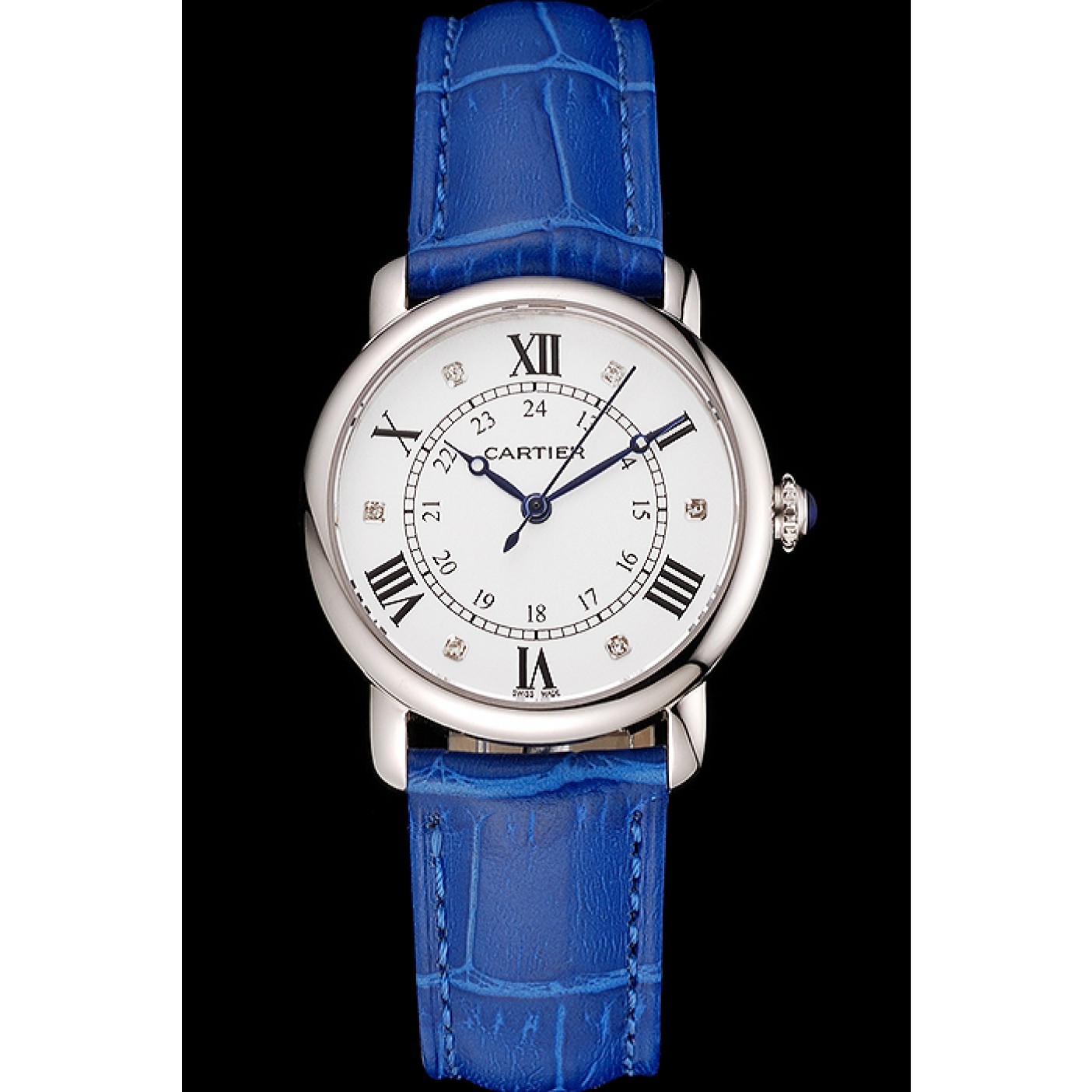 Cartier Ronde White Dial Diamond Hour Marks Stainless Steel Case Blue Leather Strap