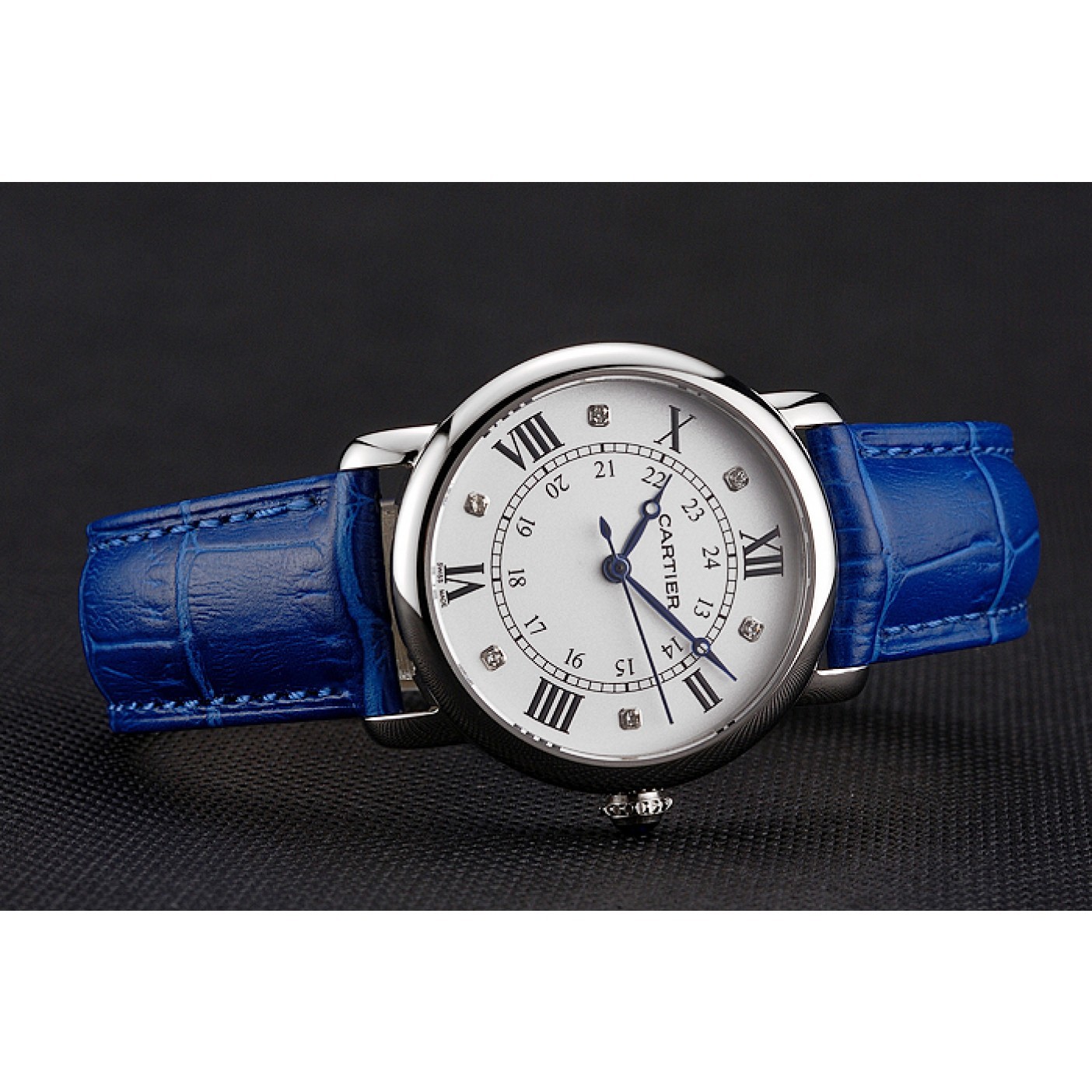 Cartier Ronde White Dial Diamond Hour Marks Stainless Steel Case Blue Leather Strap