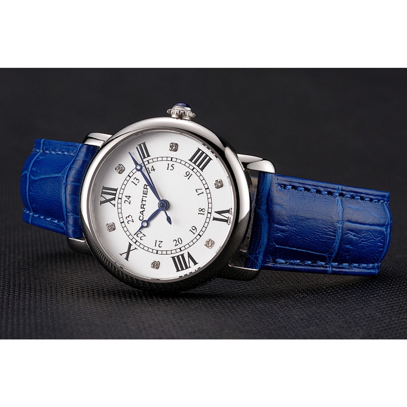 Cartier Ronde White Dial Diamond Hour Marks Stainless Steel Case Blue Leather Strap