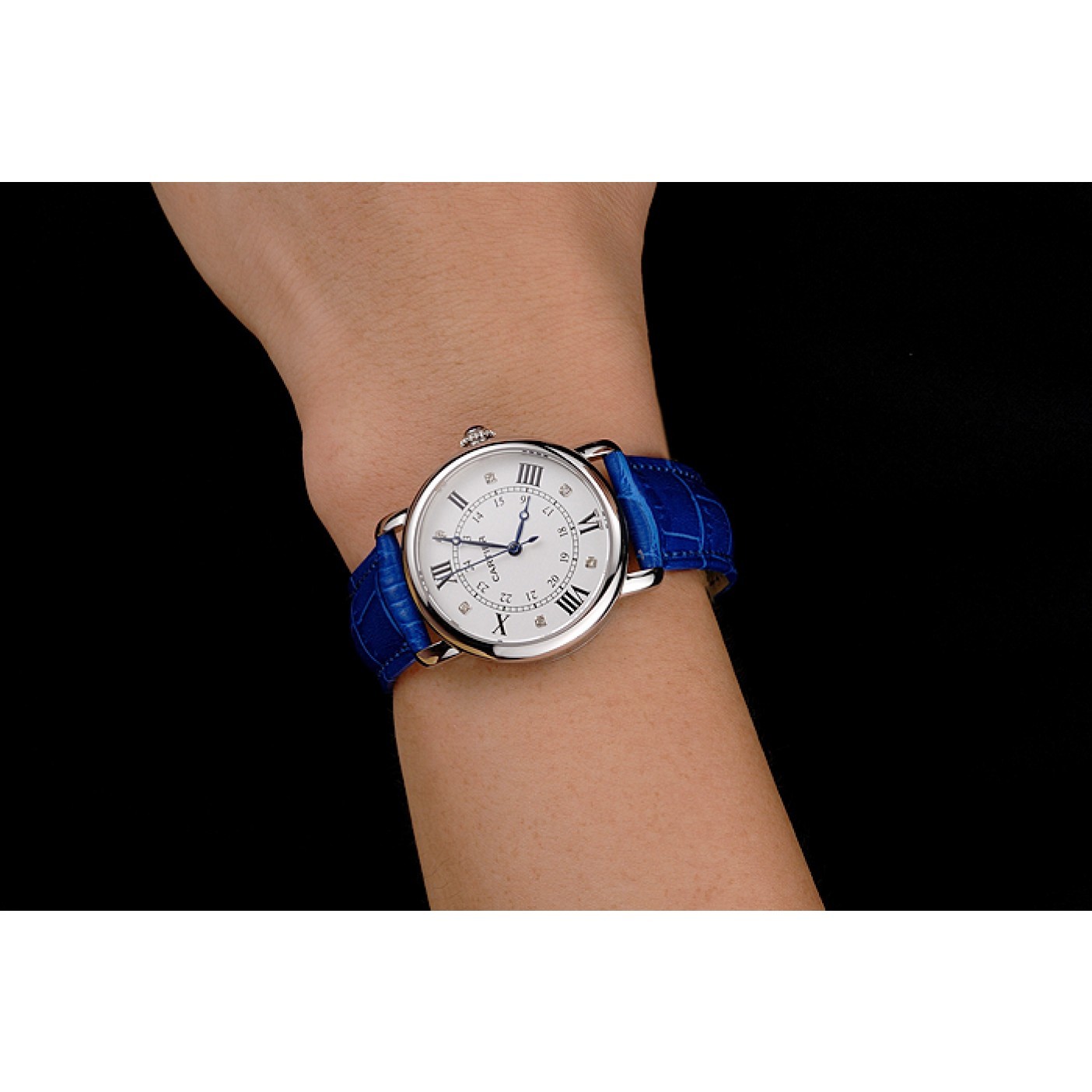 Cartier Ronde White Dial Diamond Hour Marks Stainless Steel Case Blue Leather Strap