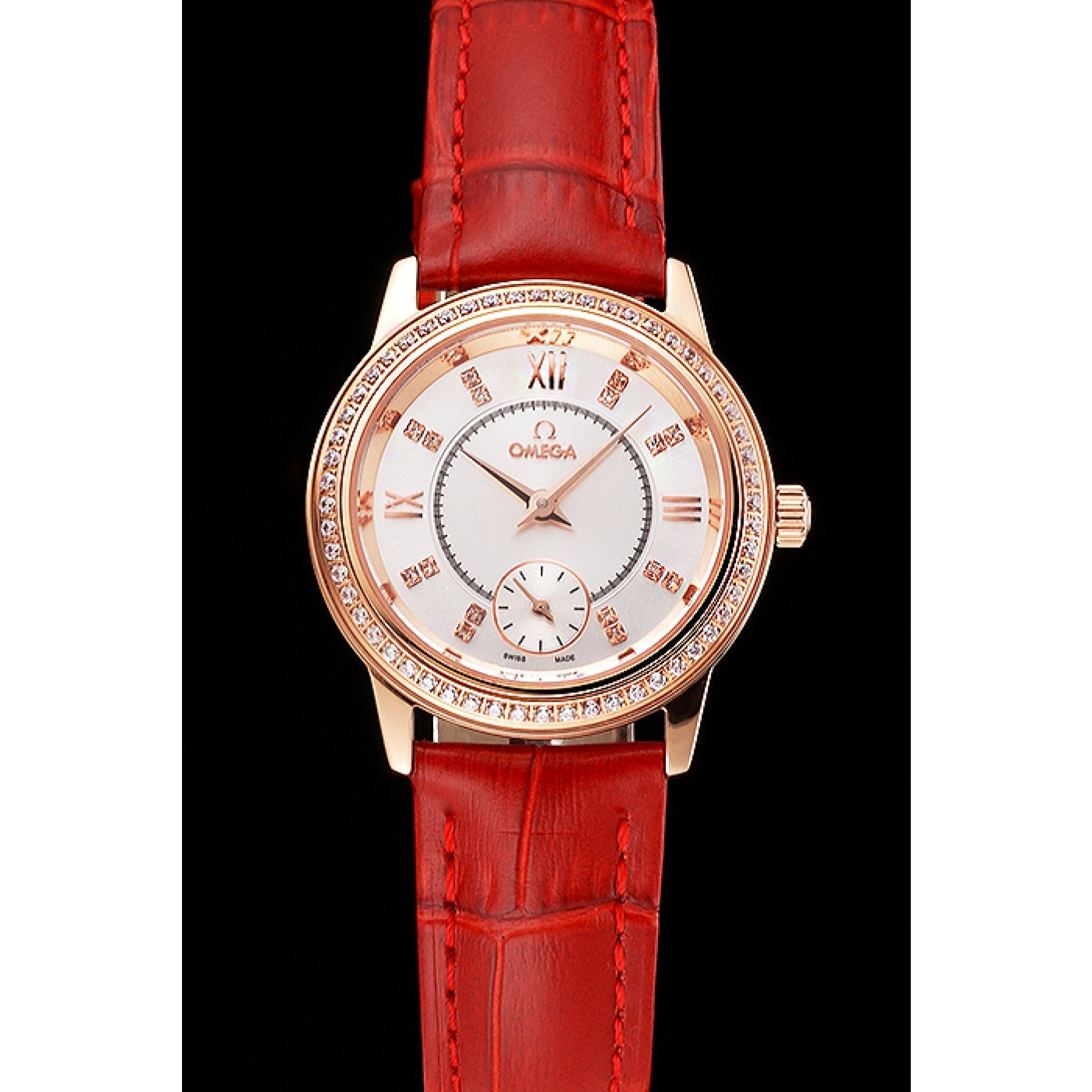 Omega De Ville Prestige Small Seconds White Dial Diamond Bezel Rose Gold Case Red Leather Strap