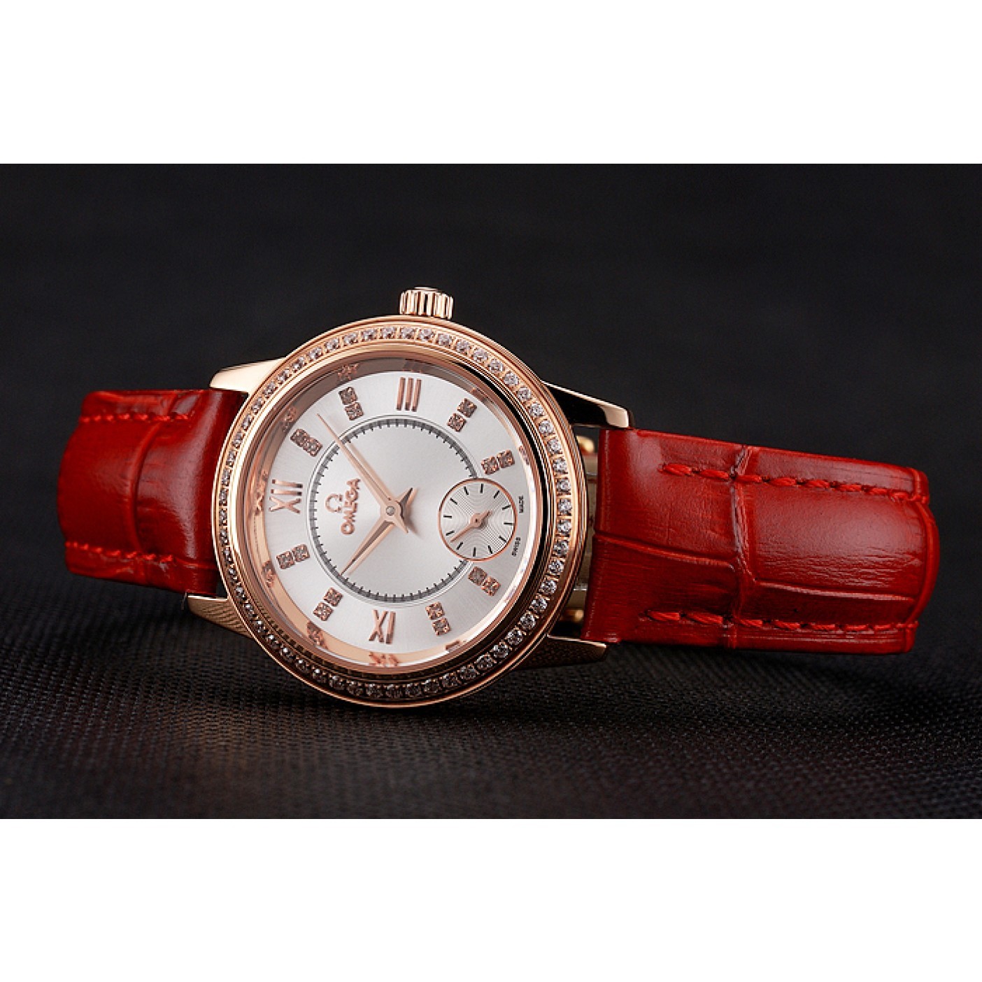 Omega De Ville Prestige Small Seconds White Dial Diamond Bezel Rose Gold Case Red Leather Strap