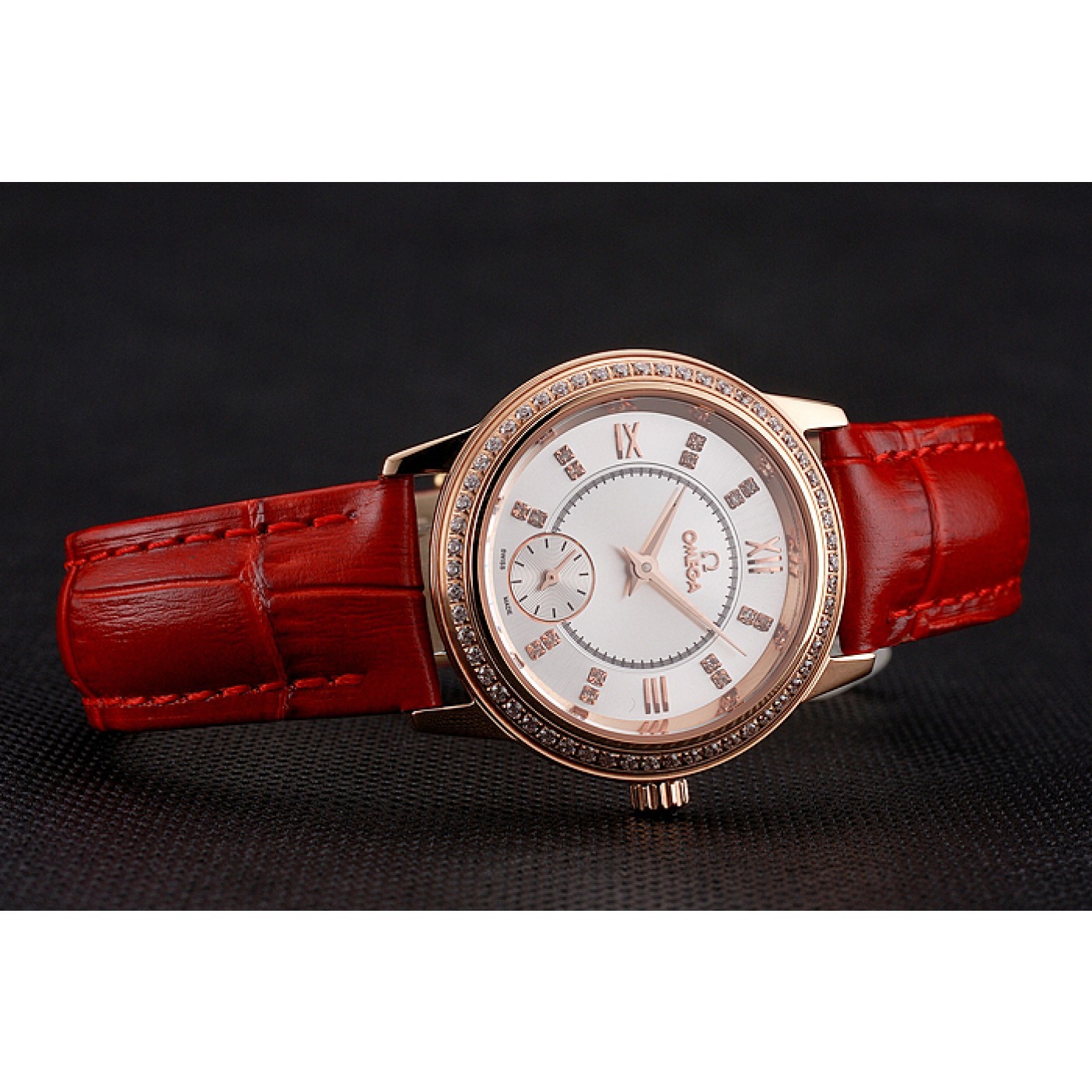 Omega De Ville Prestige Small Seconds White Dial Diamond Bezel Rose Gold Case Red Leather Strap