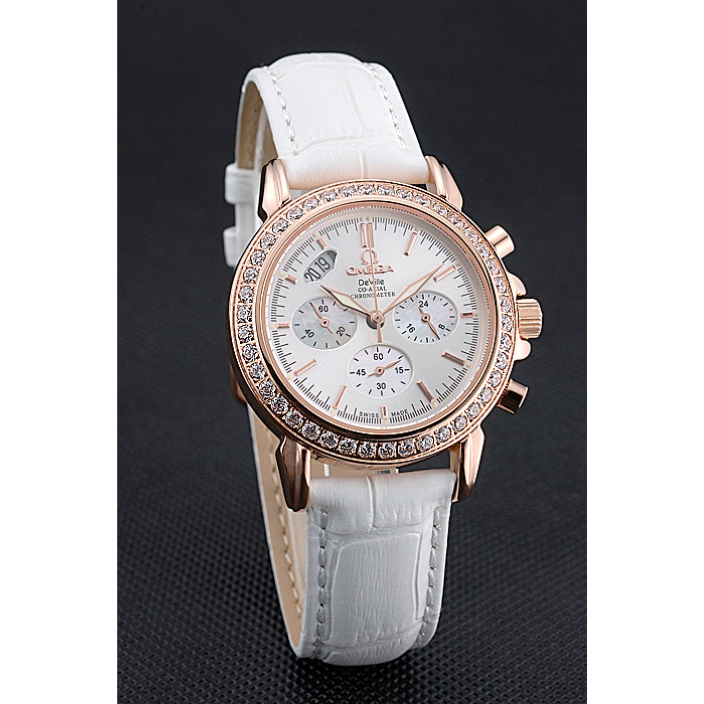 Omega Speedmaster Chronograph White Dial Gold Diamond Case White Leather Bracelet 622455