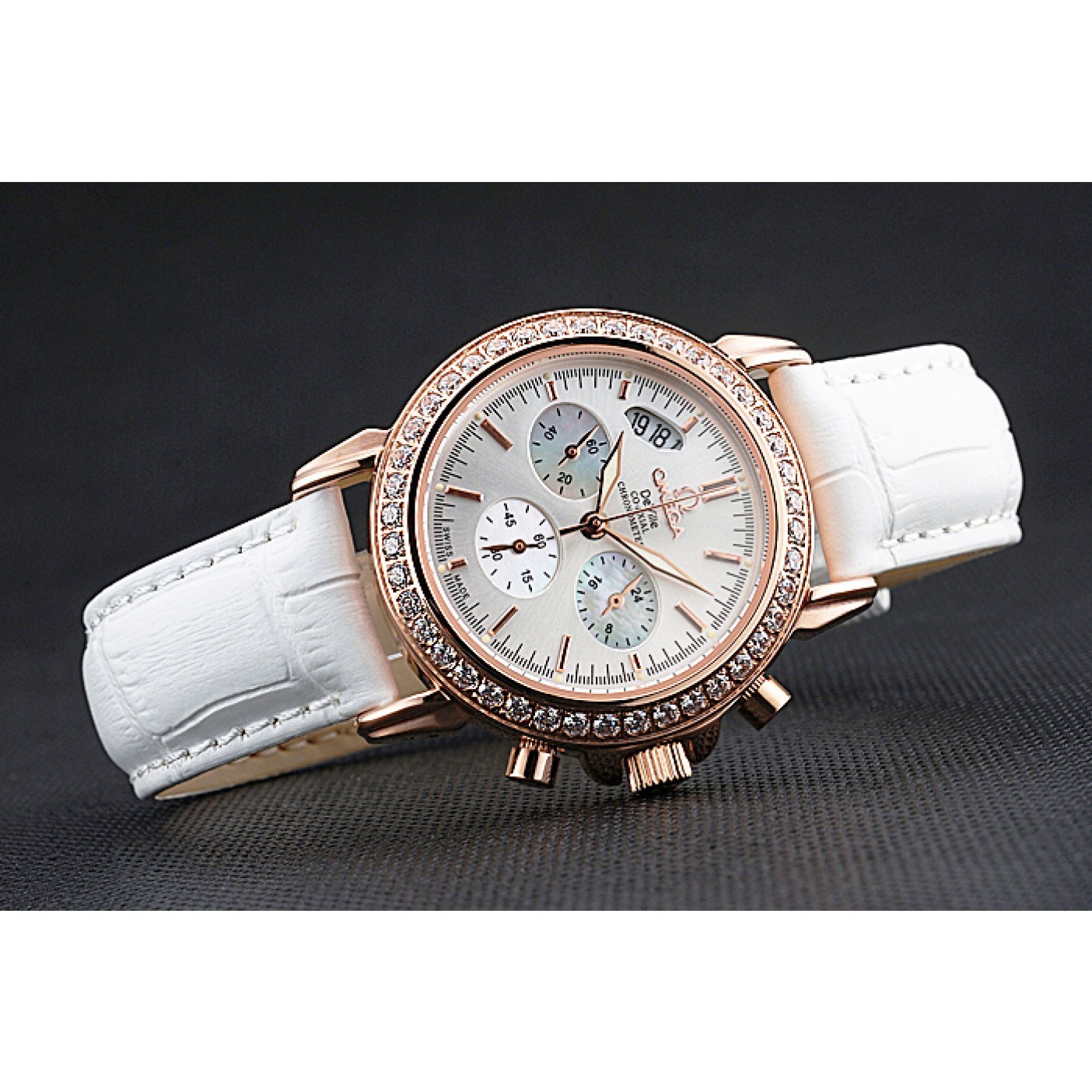 Omega Speedmaster Chronograph White Dial Gold Diamond Case White Leather Bracelet 622455