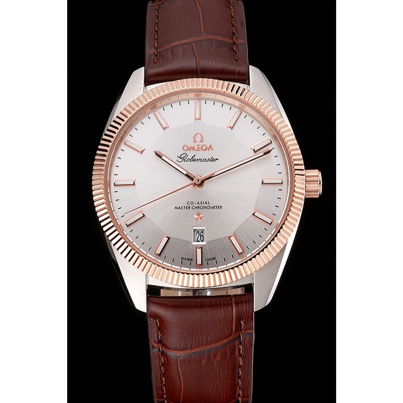 Omega Globemaster Silver Dial Rose Gold Bezel Stainless Steel Case Brown Leather Strap