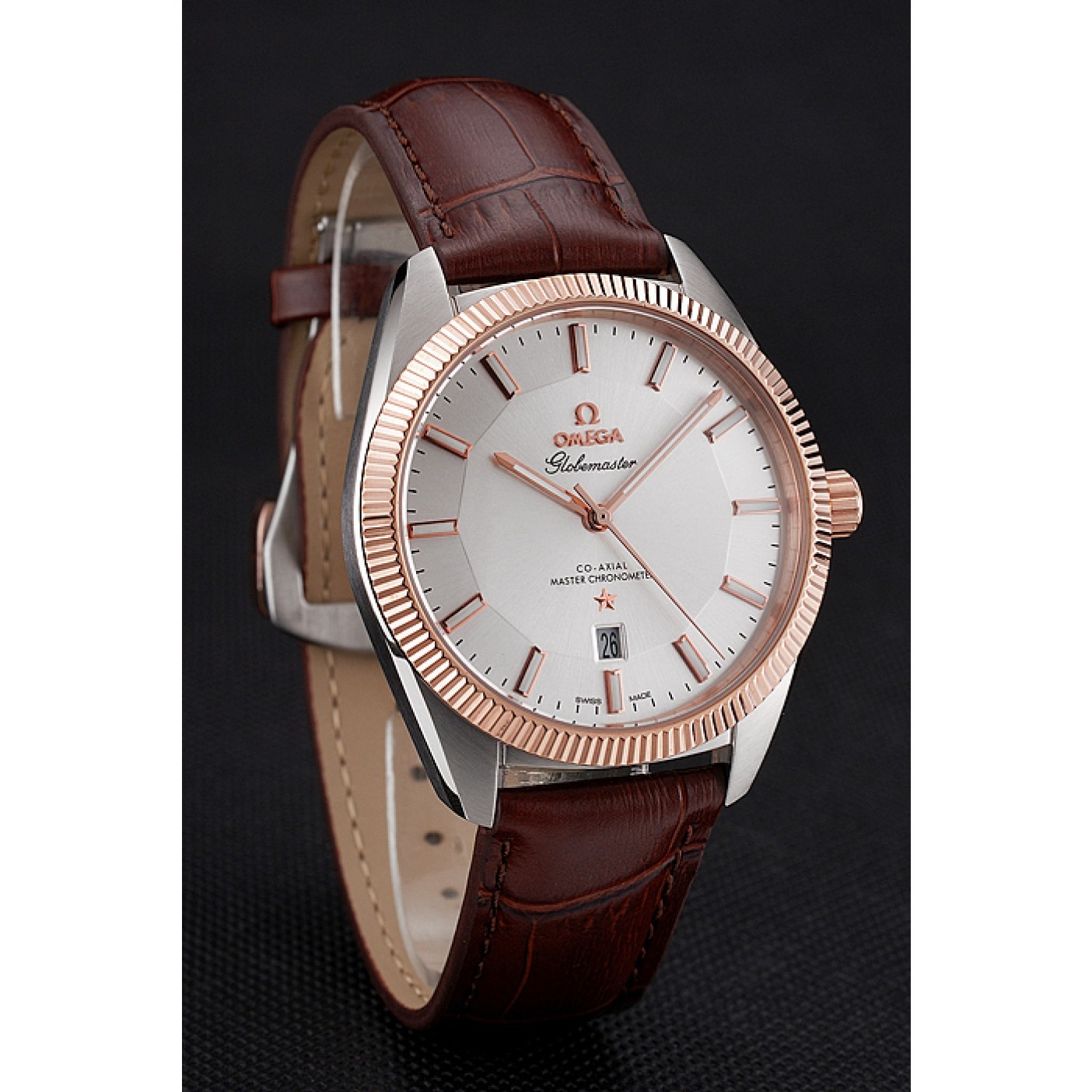 Omega Globemaster Silver Dial Rose Gold Bezel Stainless Steel Case Brown Leather Strap