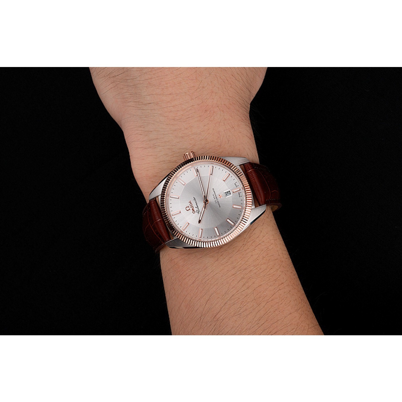 Omega Globemaster Silver Dial Rose Gold Bezel Stainless Steel Case Brown Leather Strap