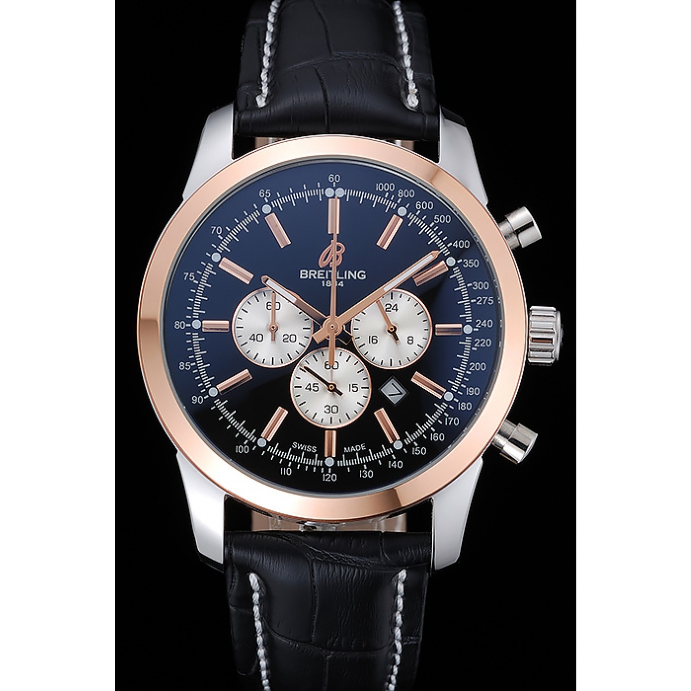 Breitling Transocean Black Dial Black Leather Strap Rose Gold Bezel 98203