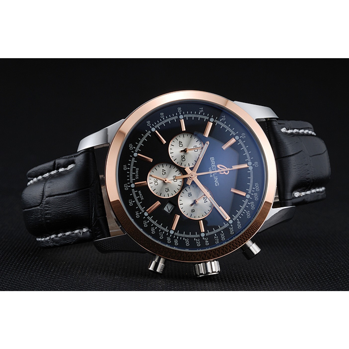 Breitling Transocean Black Dial Black Leather Strap Rose Gold Bezel 98203