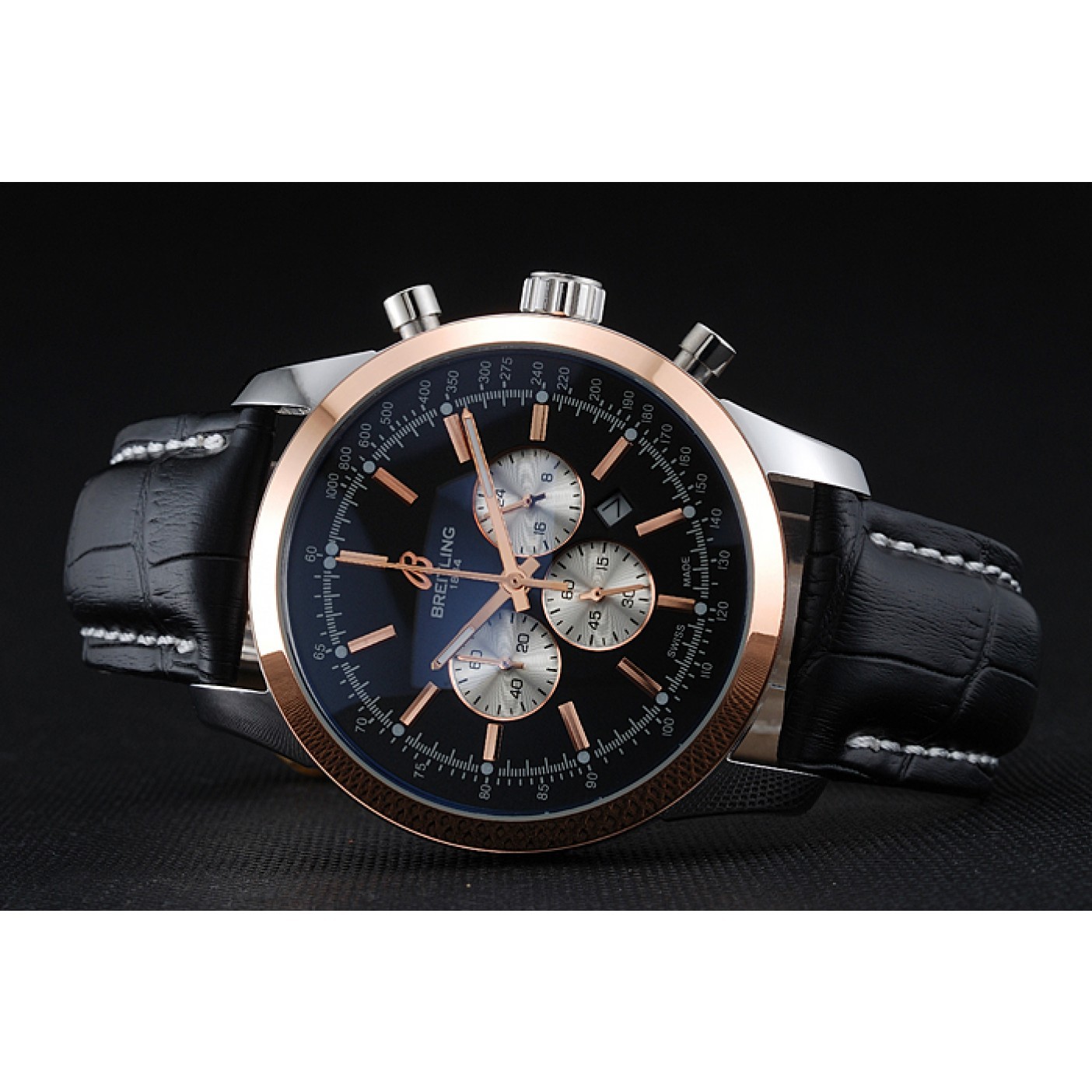 Breitling Transocean Black Dial Black Leather Strap Rose Gold Bezel 98203