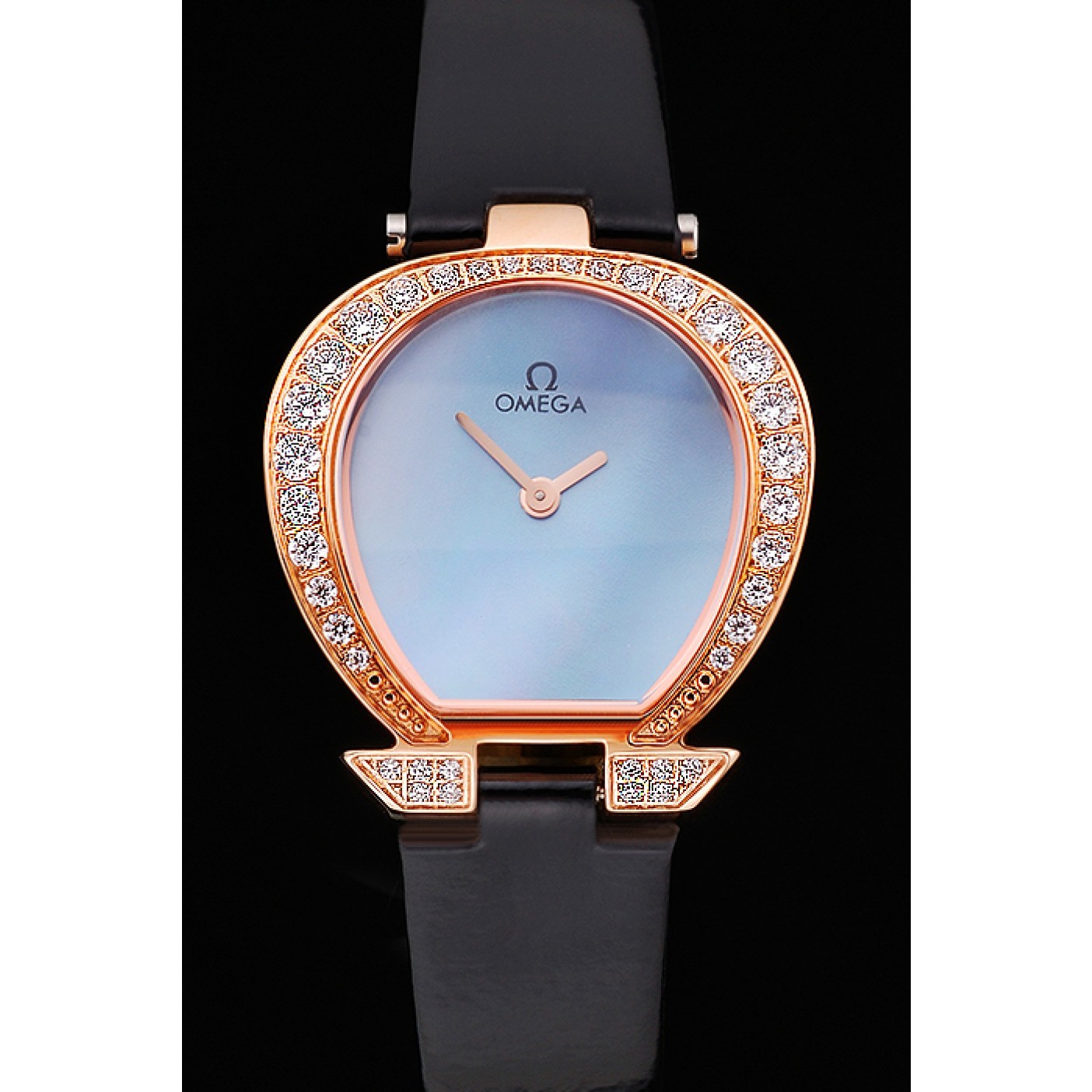 Omega Ladies Watch Blue Dial Gold Case With Diamonds Black Leather Strap 622830