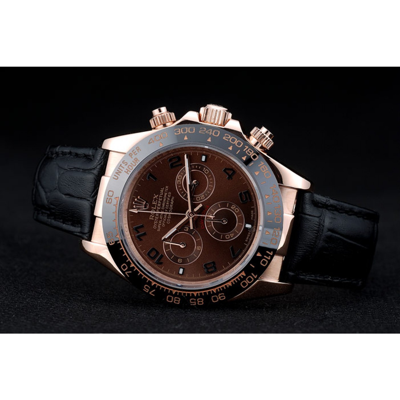 RepTime Watches Rolex Daytona Black Ceramic Bezel Brown Dial Black Leather Strap 41975