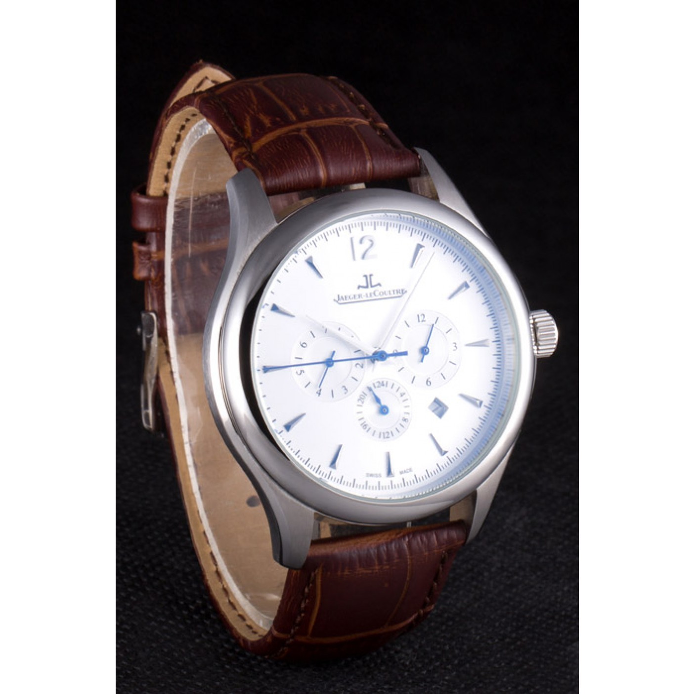 Jaeger Lecoultre Master Chronograph Silver Bezel Brown Leather Band 621612