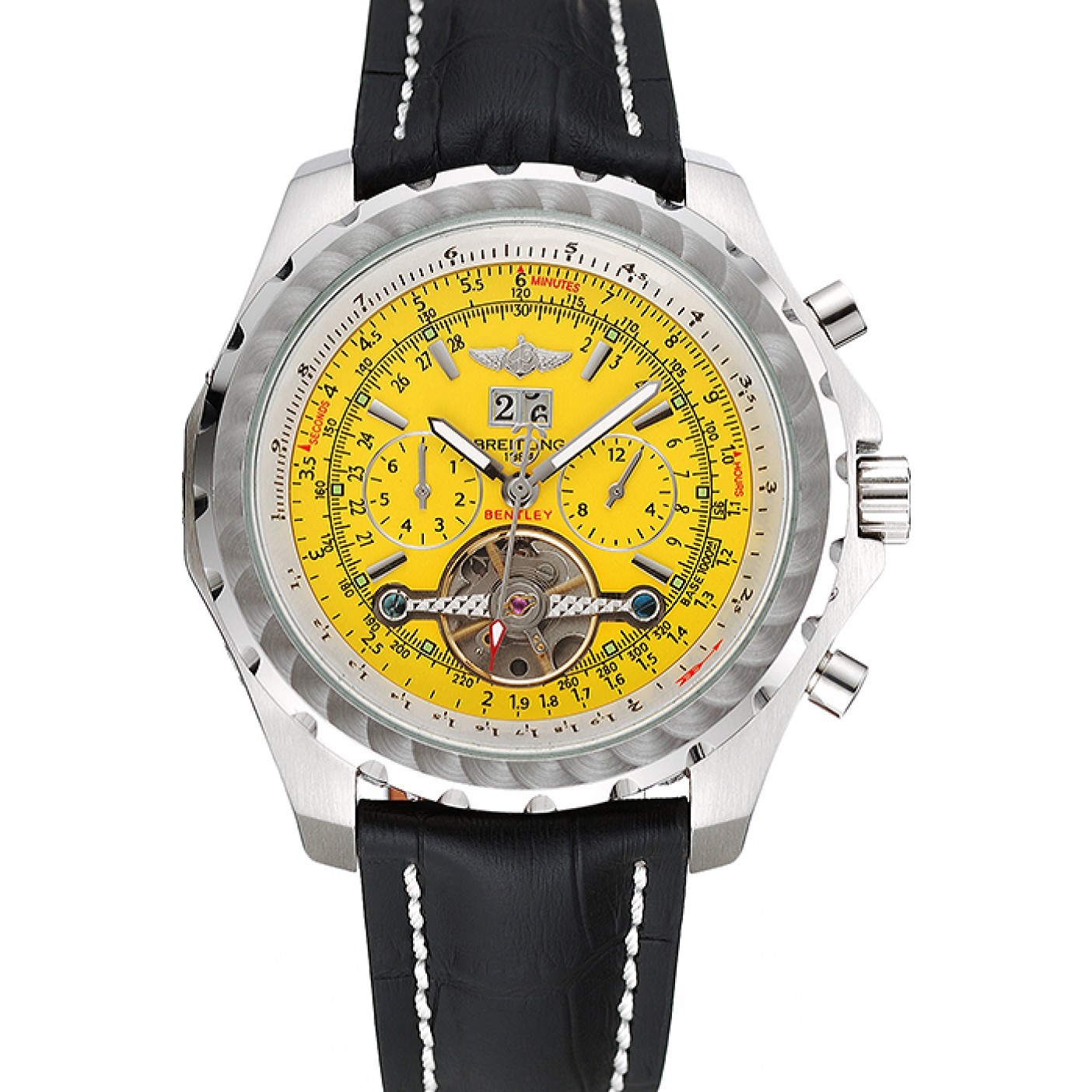 Breitling Bentley Mulliner Tourbillon Yellow Dial Stainless Steel Case Black Leather Strap 622730