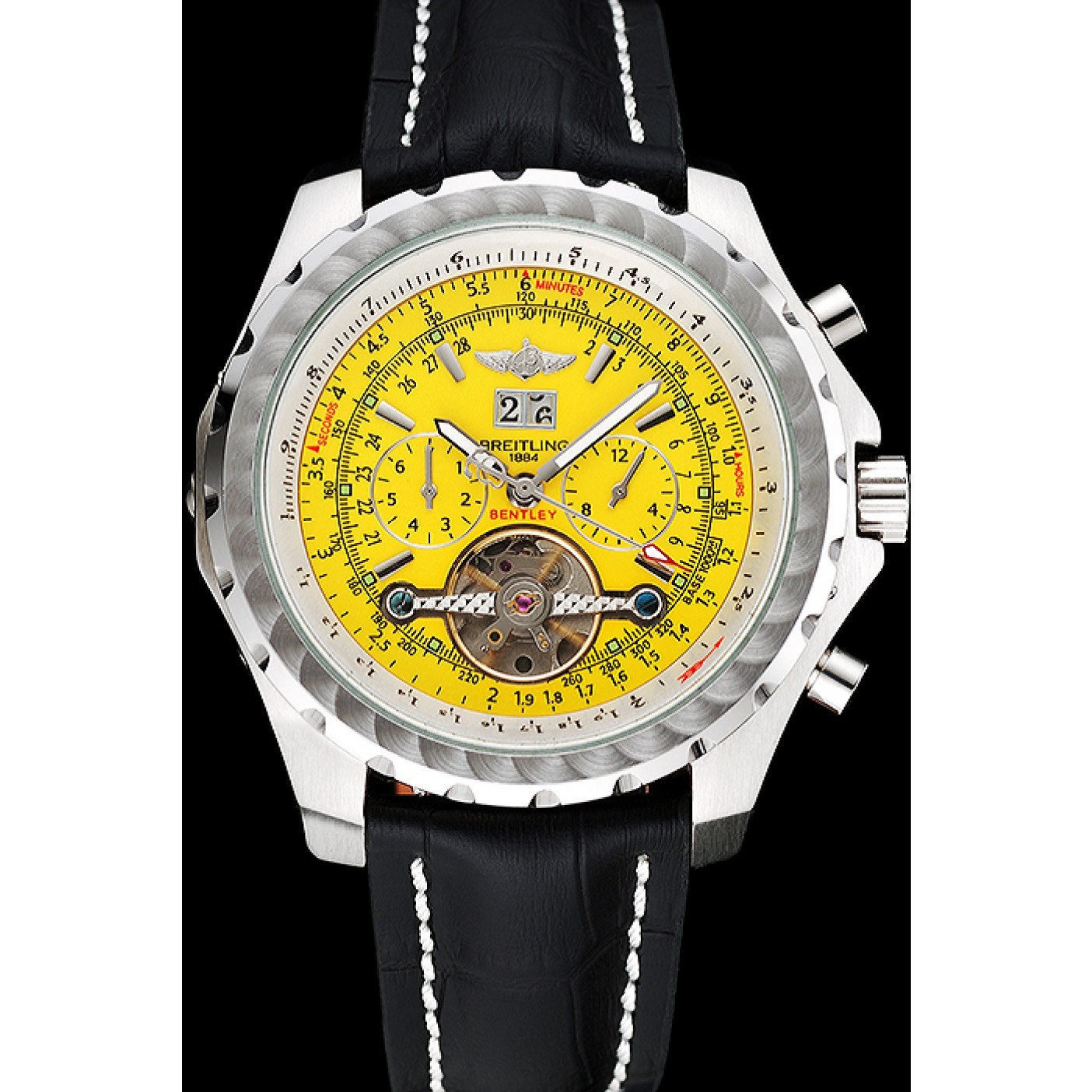 Breitling Bentley Mulliner Tourbillon Yellow Dial Stainless Steel Case Black Leather Strap 622730