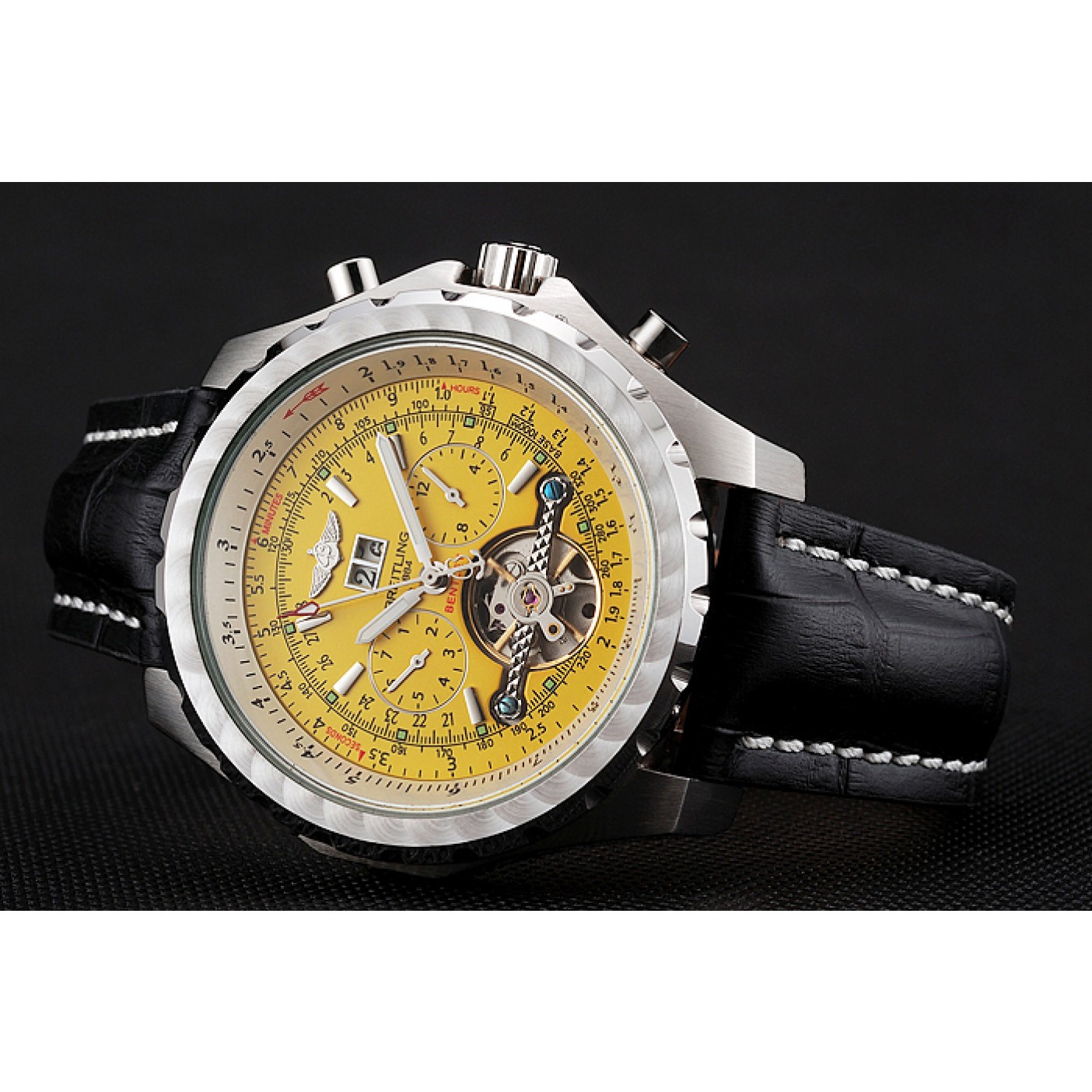 Breitling Bentley Mulliner Tourbillon Yellow Dial Stainless Steel Case Black Leather Strap 622730