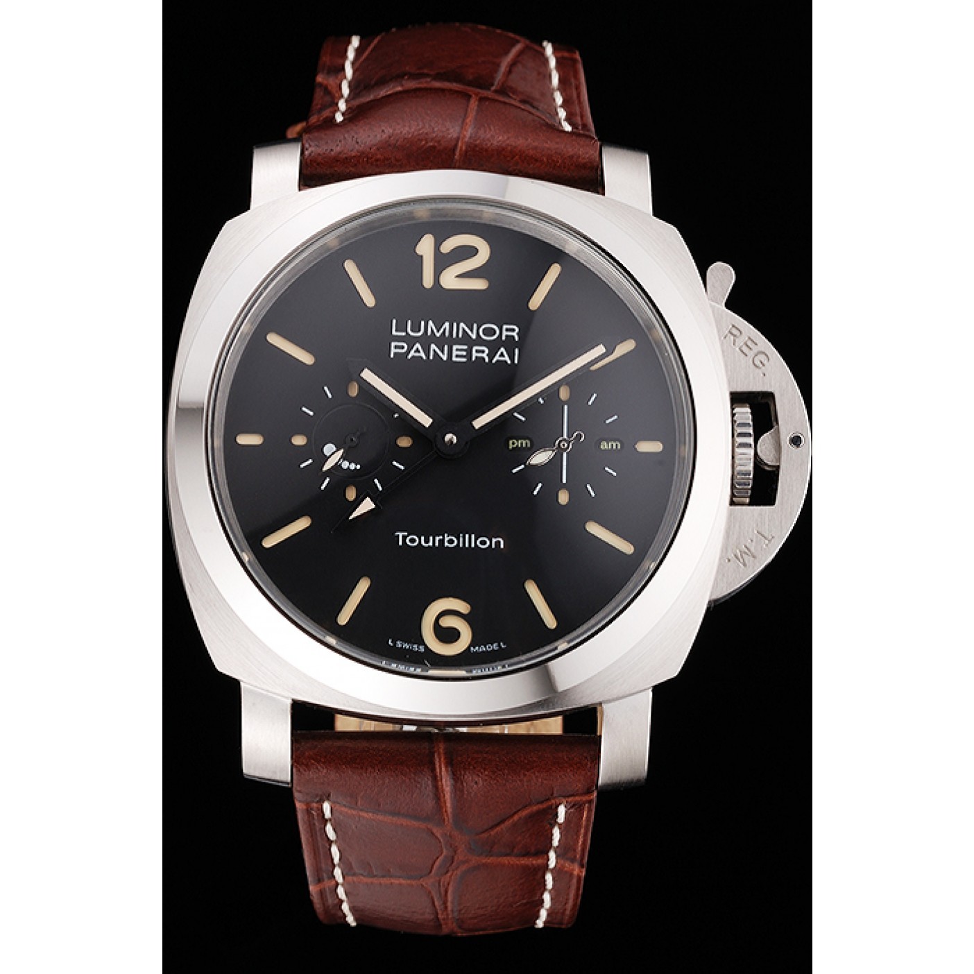 Panerai Luminor 1950 Tourbillon GMT Black Dial Stainless Steel Case Brown Leather Strap