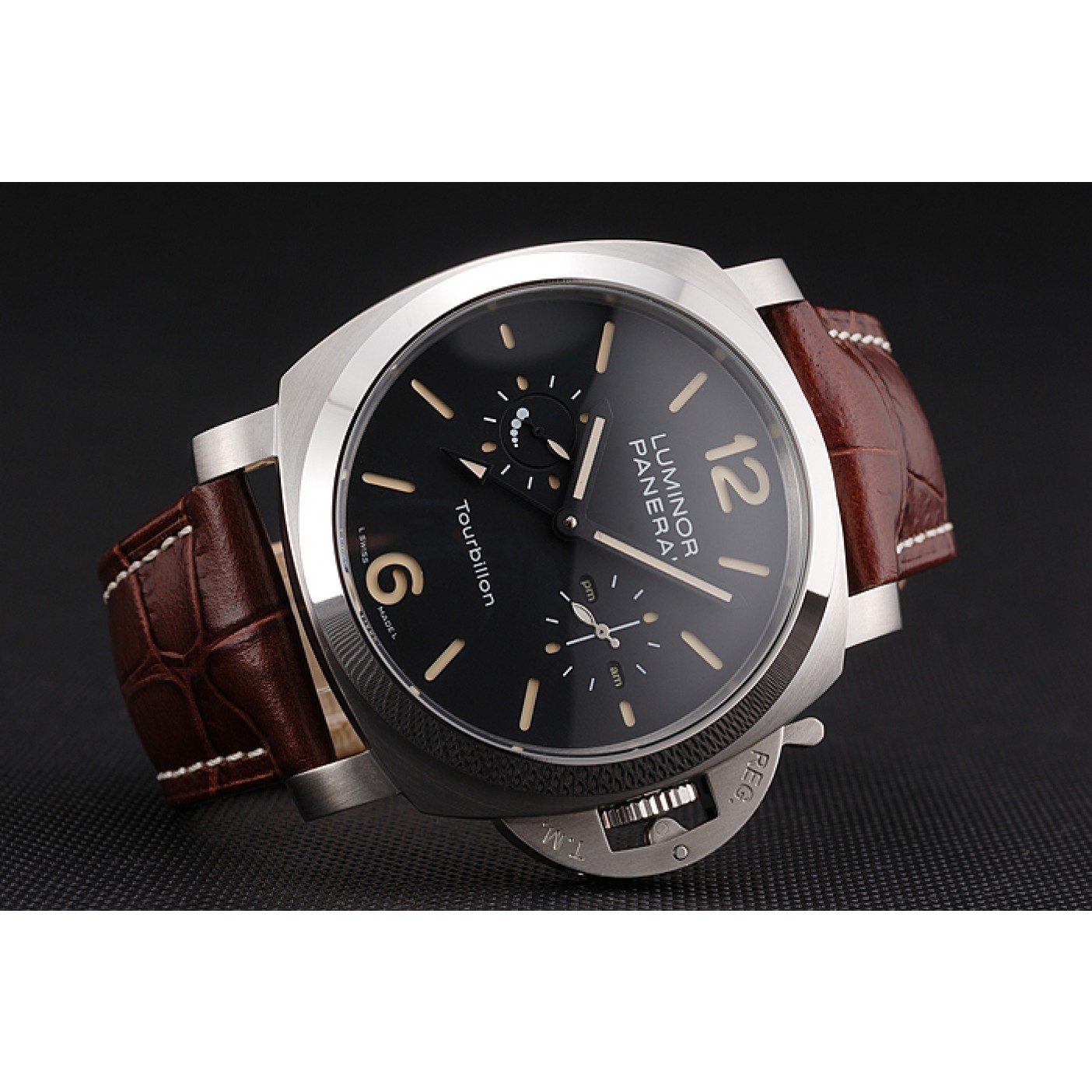 Panerai Luminor 1950 Tourbillon GMT Black Dial Stainless Steel Case Brown Leather Strap