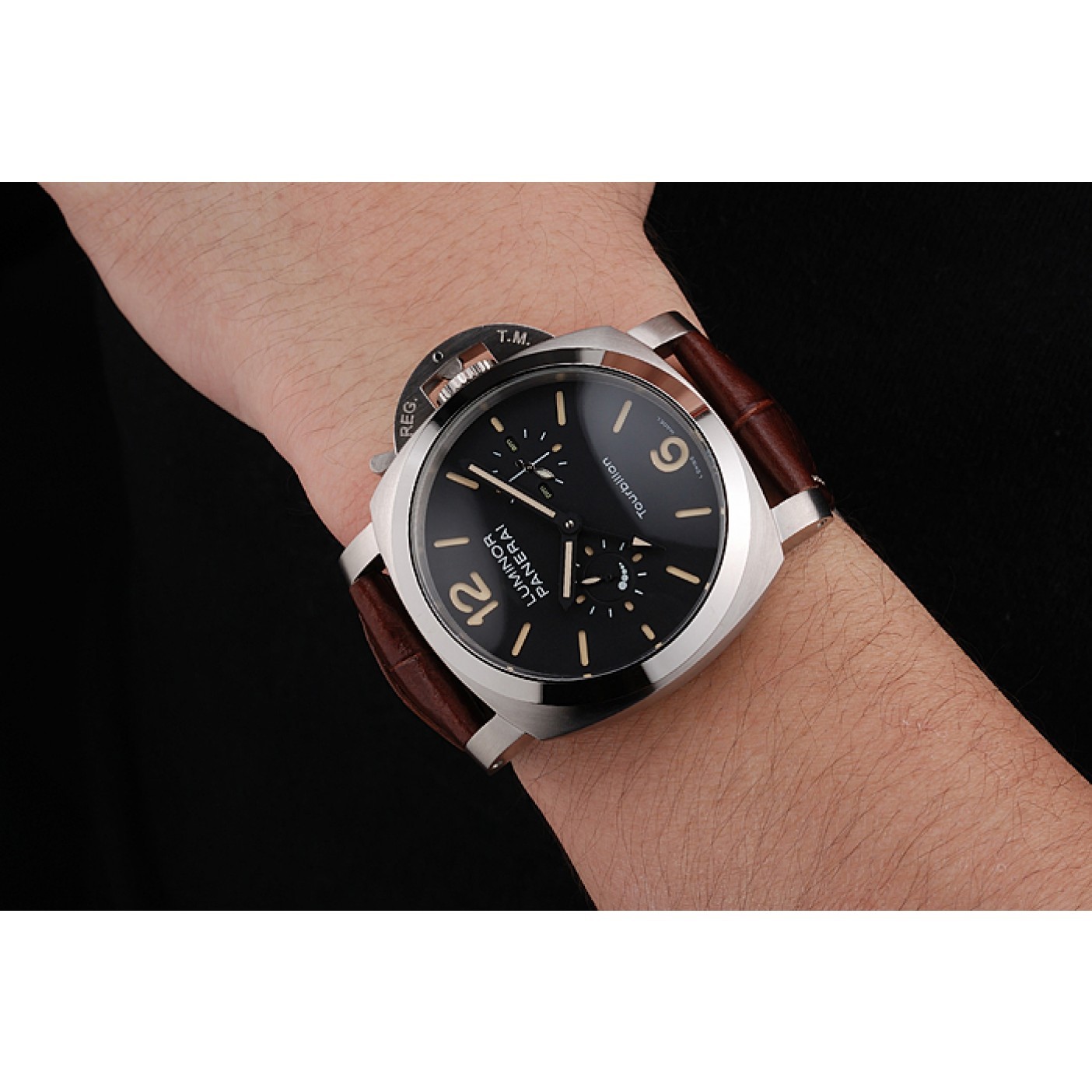 Panerai Luminor 1950 Tourbillon GMT Black Dial Stainless Steel Case Brown Leather Strap