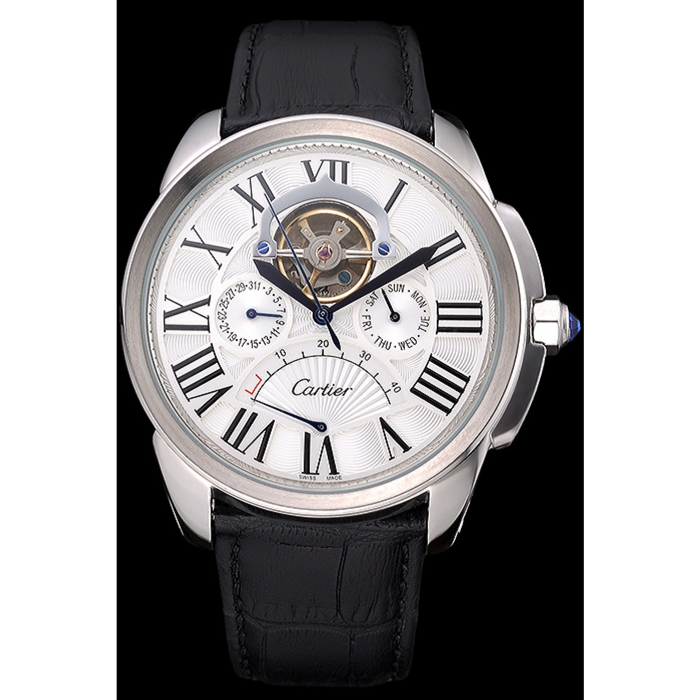 Cartier Calibre Tourbillon White Dial Stainless Steel Case Black Leather Strap 622751