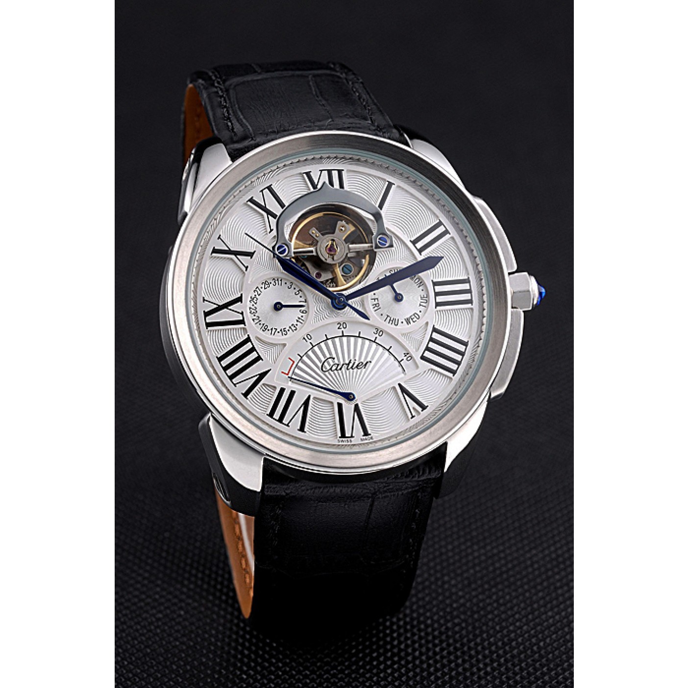 Cartier Calibre Tourbillon White Dial Stainless Steel Case Black Leather Strap 622751