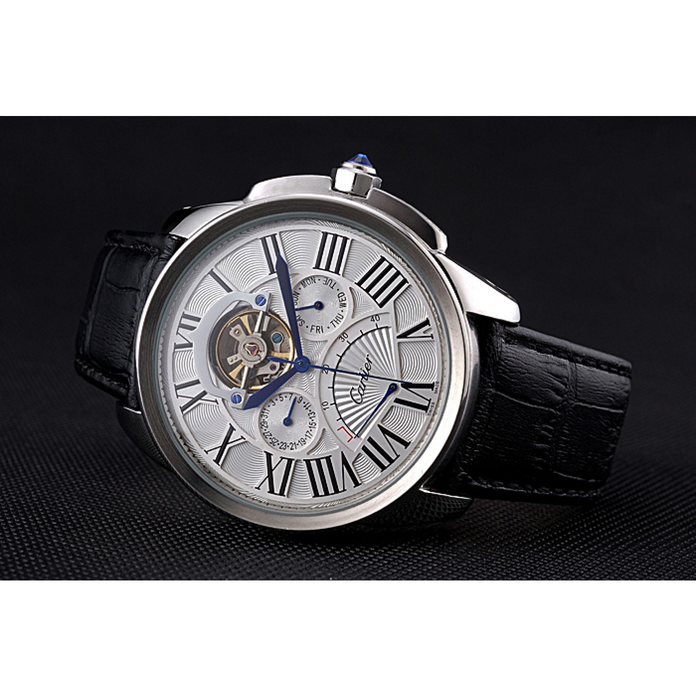 Cartier Calibre Tourbillon White Dial Stainless Steel Case Black Leather Strap 622751