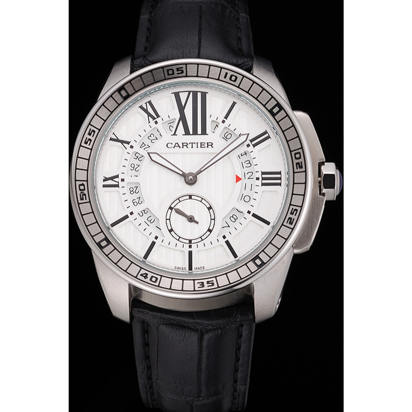 Cartier Calibre De Cartier Small Seconds White Dial Stainless Steel Case Black Leather Strap