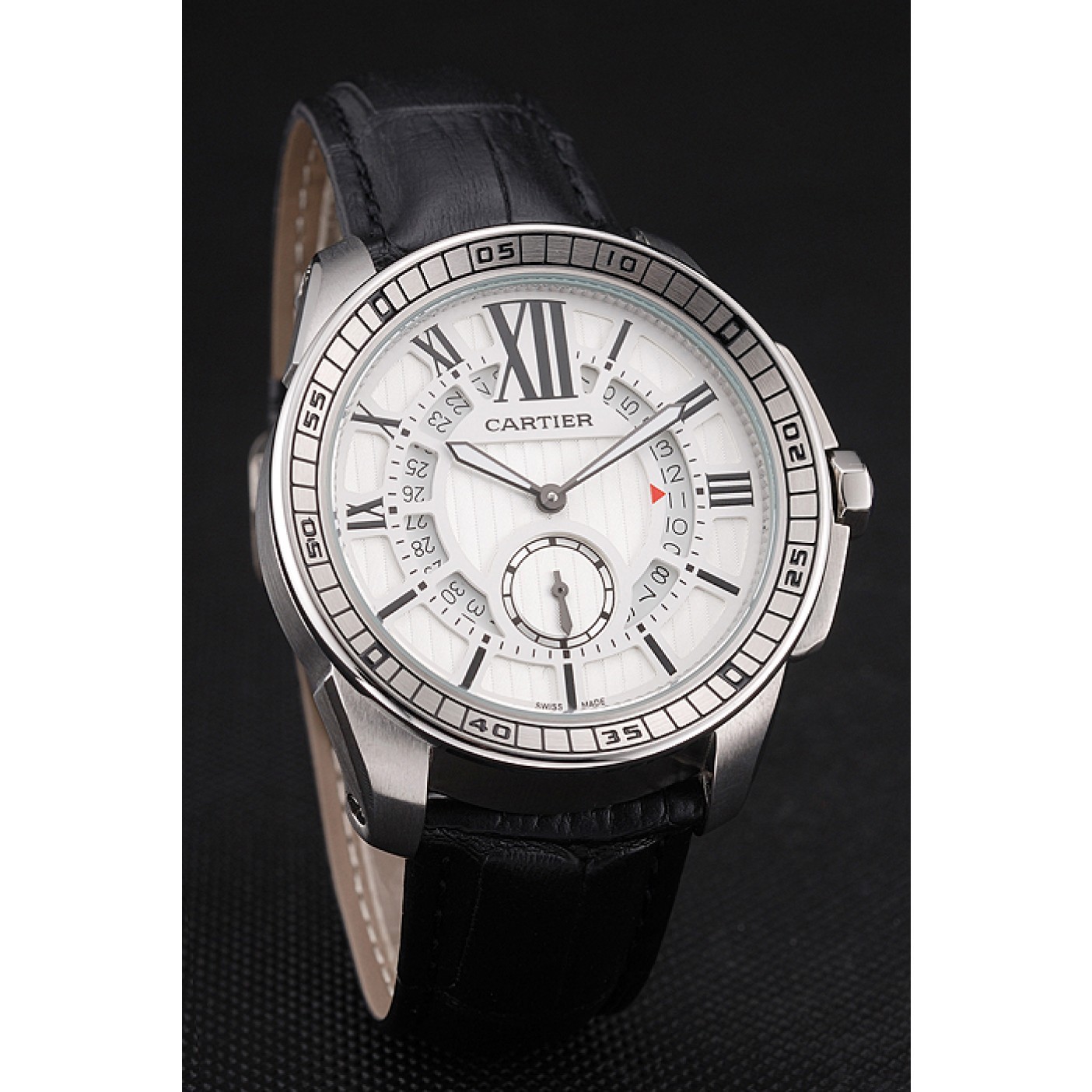 Cartier Calibre De Cartier Small Seconds White Dial Stainless Steel Case Black Leather Strap