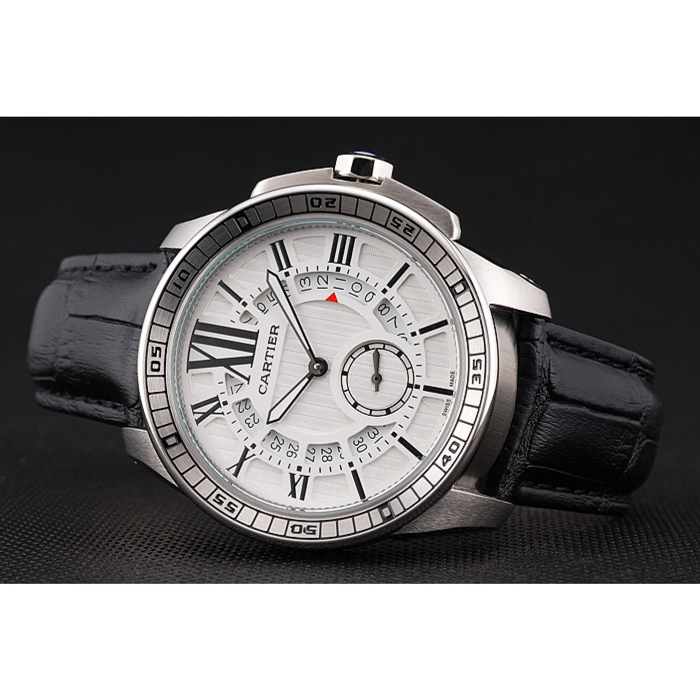 Cartier Calibre De Cartier Small Seconds White Dial Stainless Steel Case Black Leather Strap