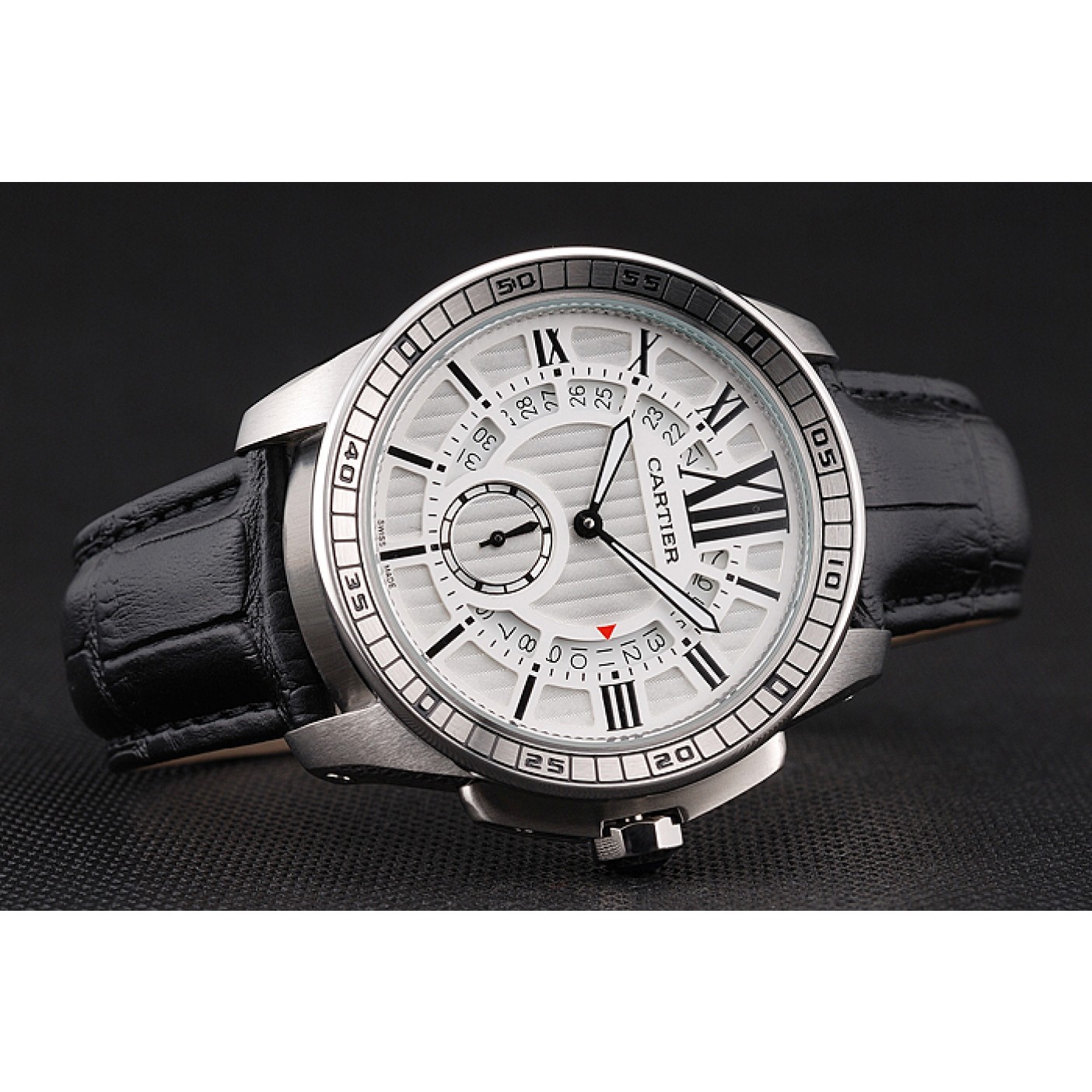 Cartier Calibre De Cartier Small Seconds White Dial Stainless Steel Case Black Leather Strap