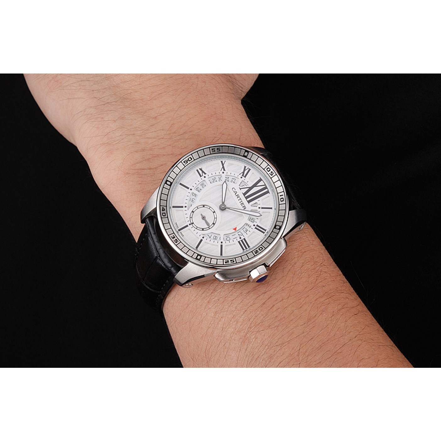 Cartier Calibre De Cartier Small Seconds White Dial Stainless Steel Case Black Leather Strap