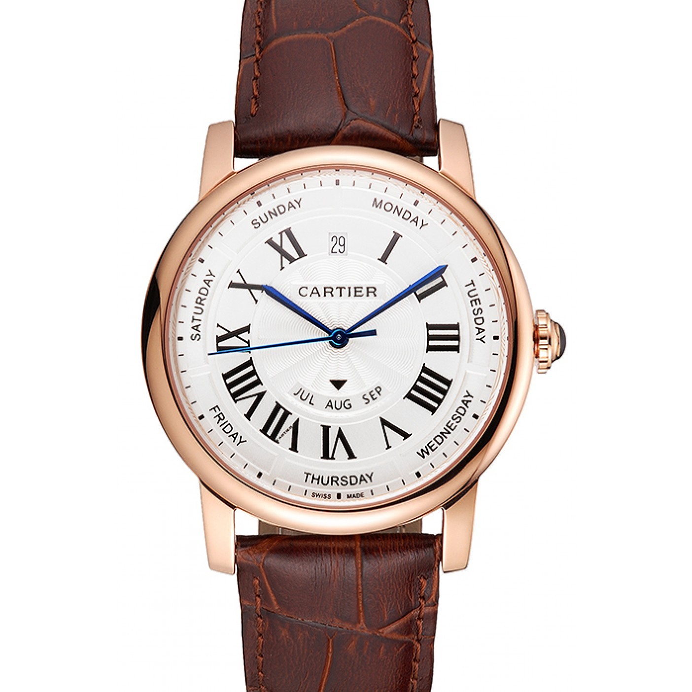 Swiss Cartier Rotonde Annual Calendar White Dial Rose Gold Case Brown Leather Strap