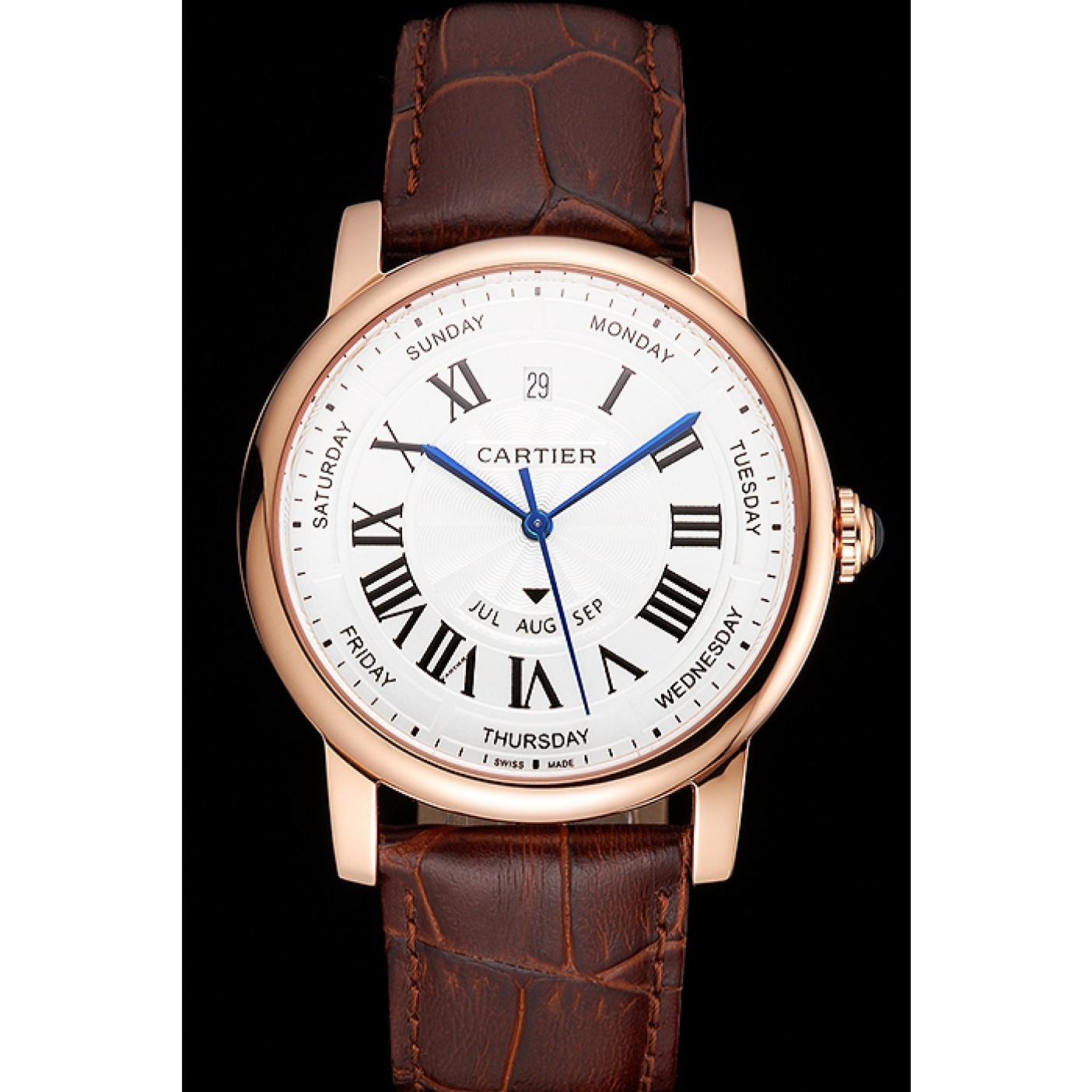 Swiss Cartier Rotonde Annual Calendar White Dial Rose Gold Case Brown Leather Strap