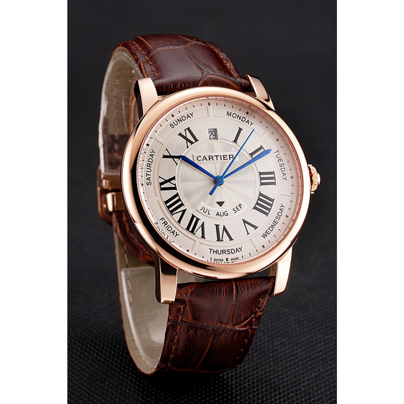 Swiss Cartier Rotonde Annual Calendar White Dial Rose Gold Case Brown Leather Strap