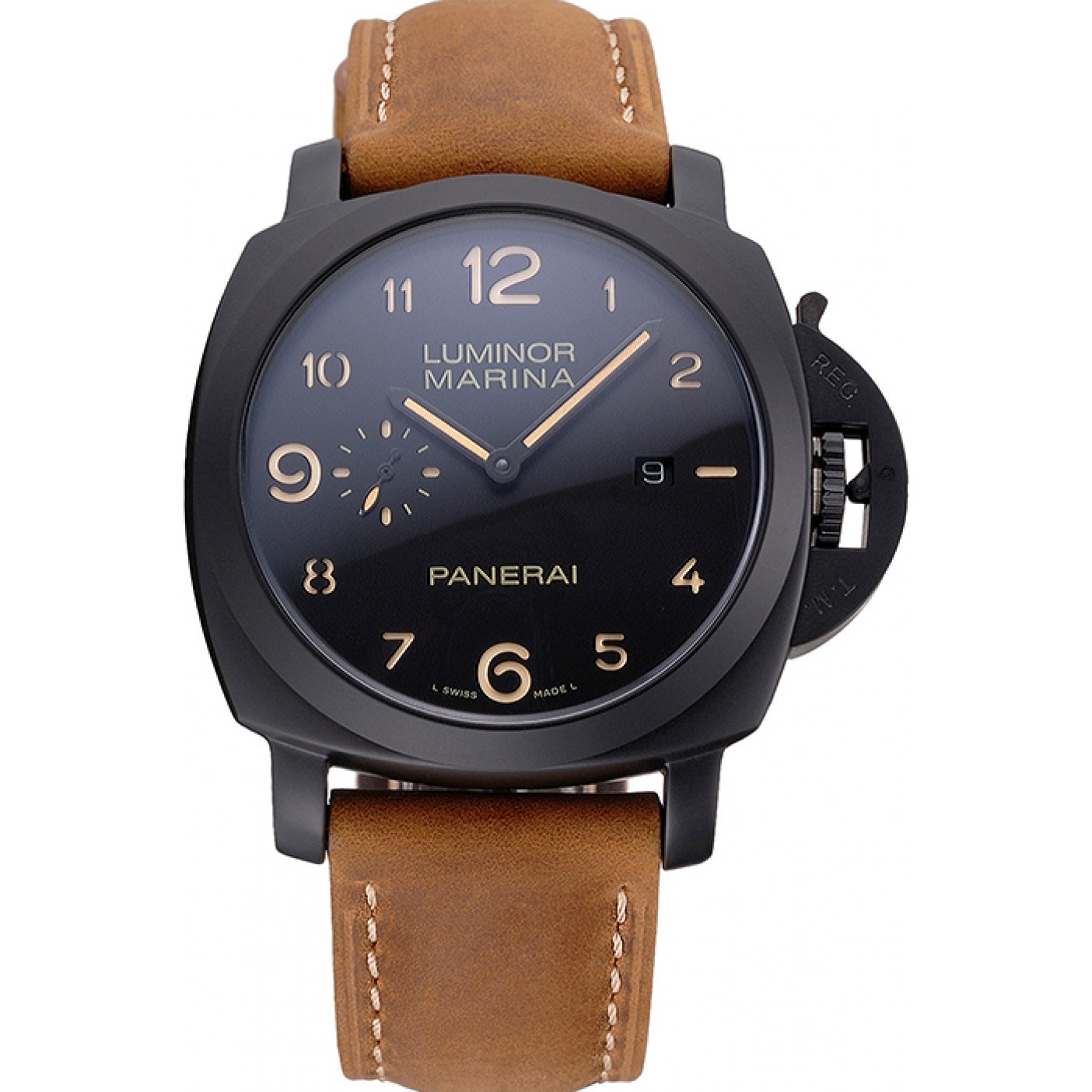 Panerai Luminor Marina 1950 Black Dial Matte Black Steel Case Brown Suede Leather Strap