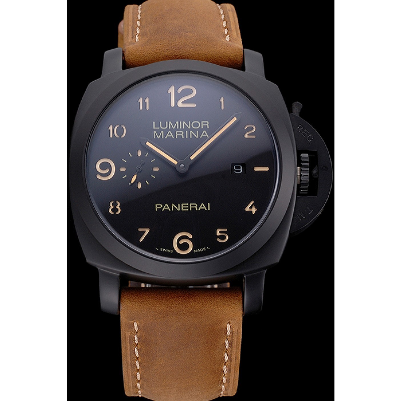 Panerai Luminor Marina 1950 Black Dial Matte Black Steel Case Brown Suede Leather Strap