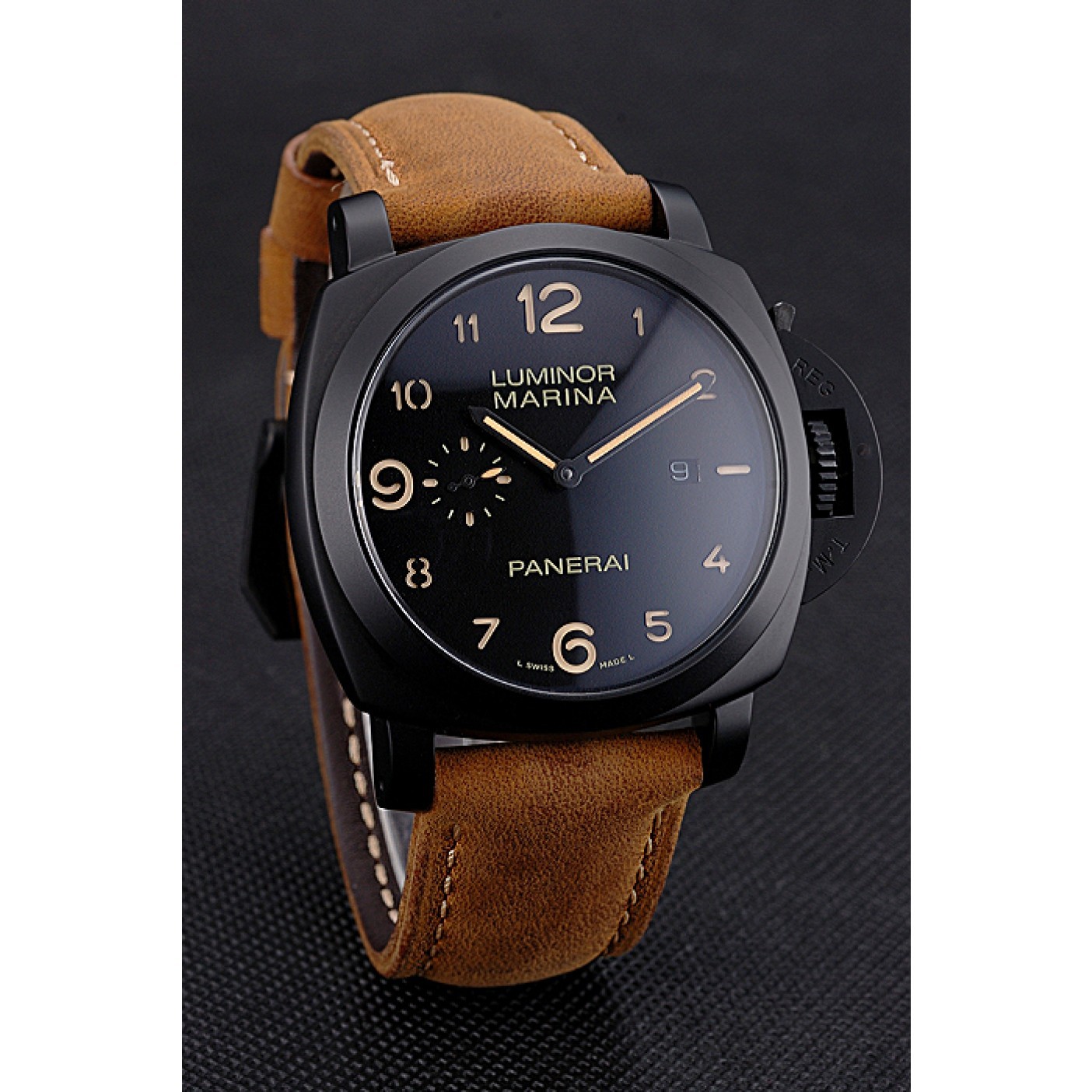 Panerai Luminor Marina 1950 Black Dial Matte Black Steel Case Brown Suede Leather Strap