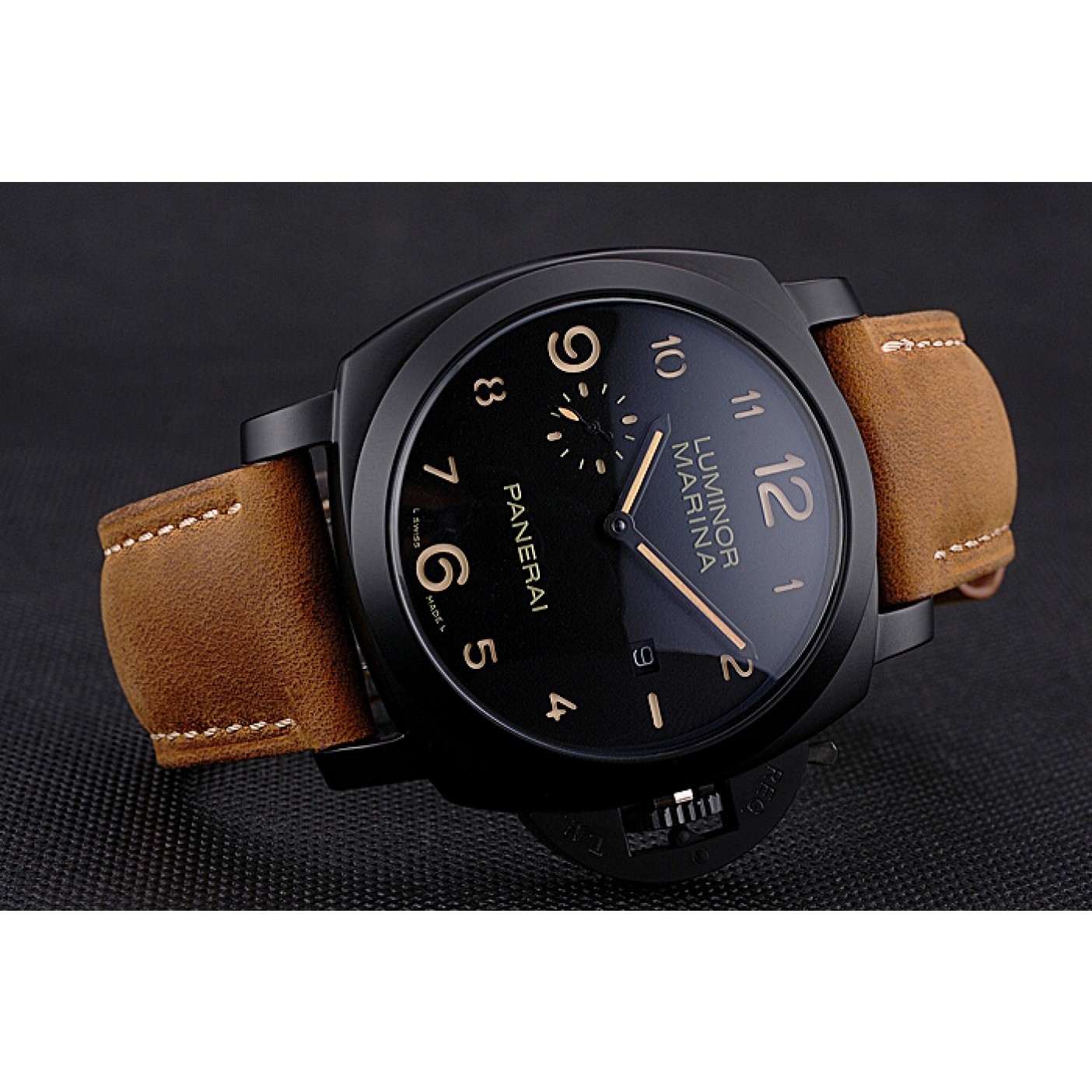 Panerai Luminor Marina 1950 Black Dial Matte Black Steel Case Brown Suede Leather Strap