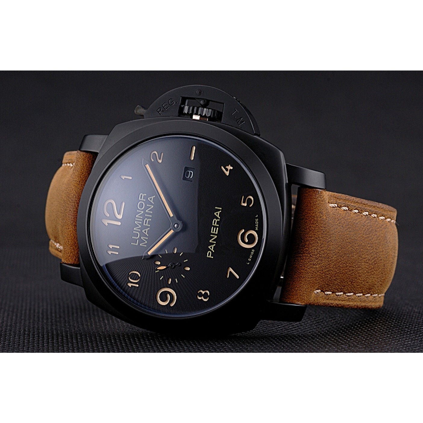 Panerai Luminor Marina 1950 Black Dial Matte Black Steel Case Brown Suede Leather Strap