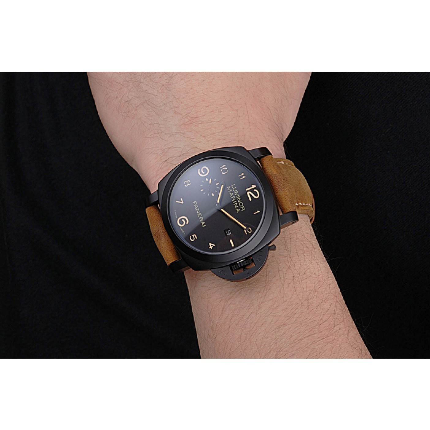 Panerai Luminor Marina 1950 Black Dial Matte Black Steel Case Brown Suede Leather Strap