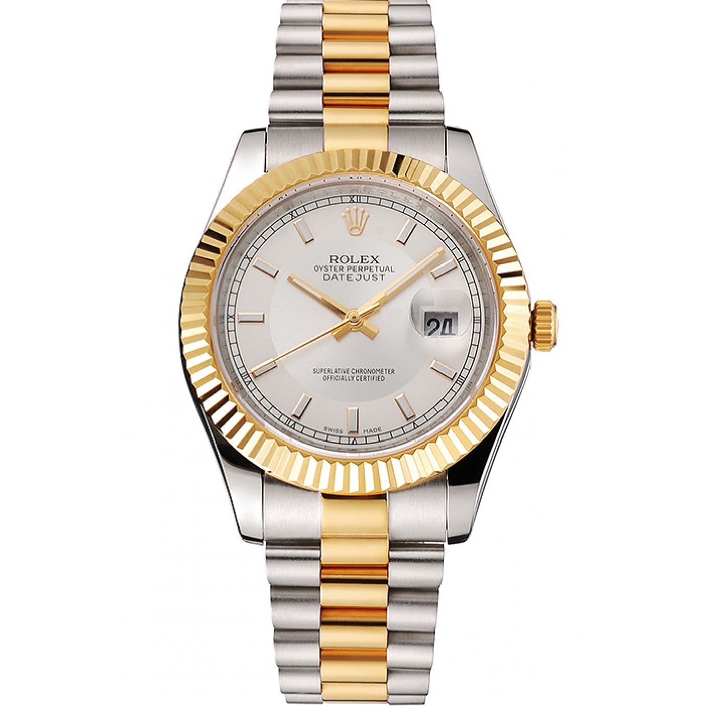 Swiss Rolex Datejust White Dial Gold Bezel Stainless Steel Case Two Tone Gold Bracelet