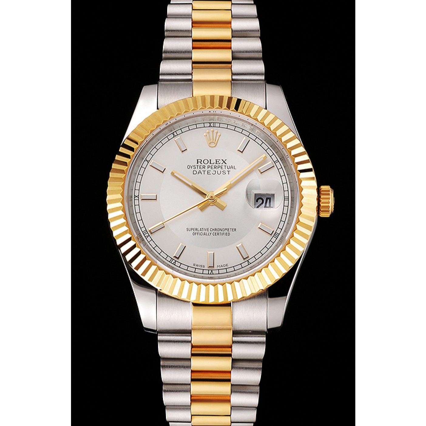 Swiss Rolex Datejust White Dial Gold Bezel Stainless Steel Case Two Tone Gold Bracelet