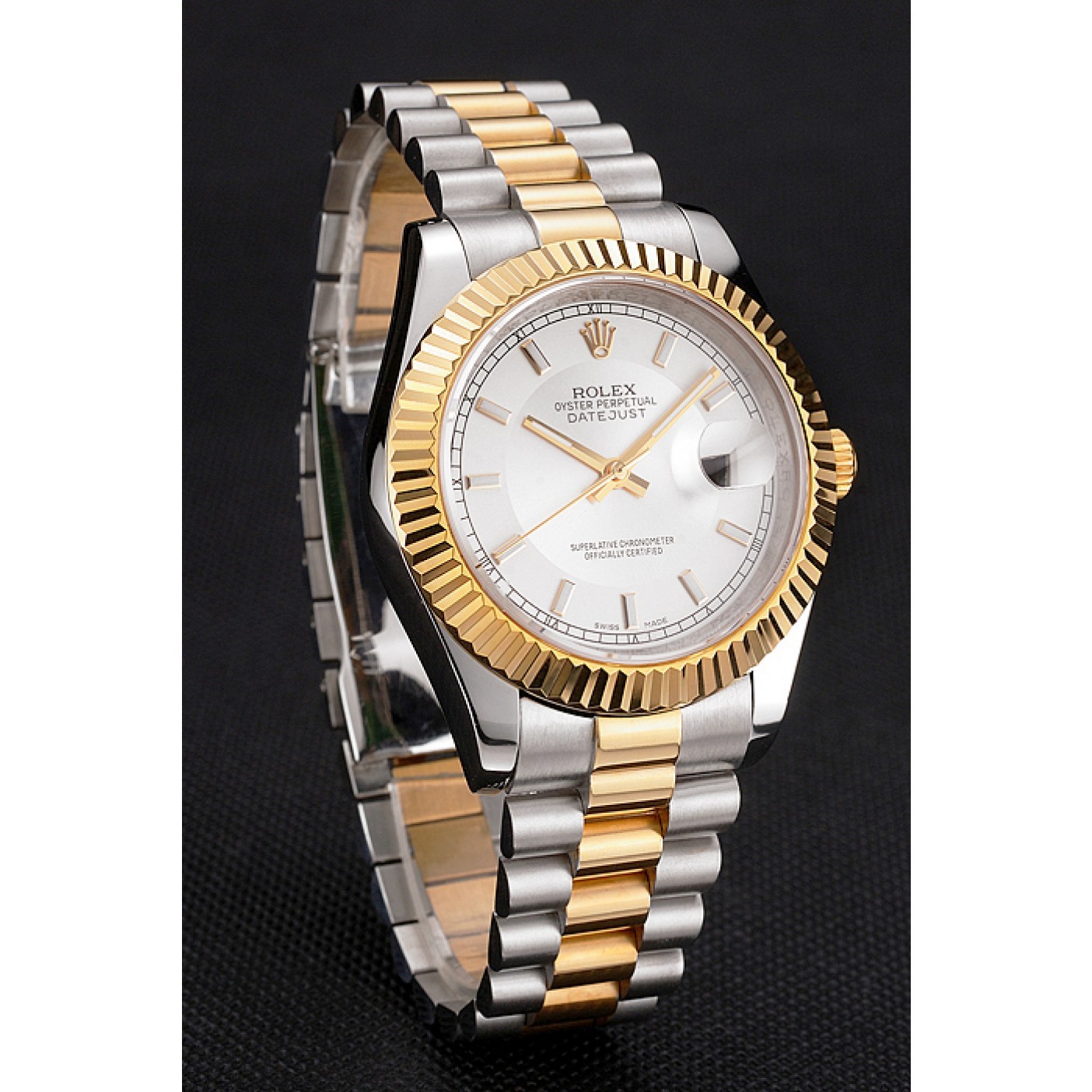 Swiss Rolex Datejust White Dial Gold Bezel Stainless Steel Case Two Tone Gold Bracelet