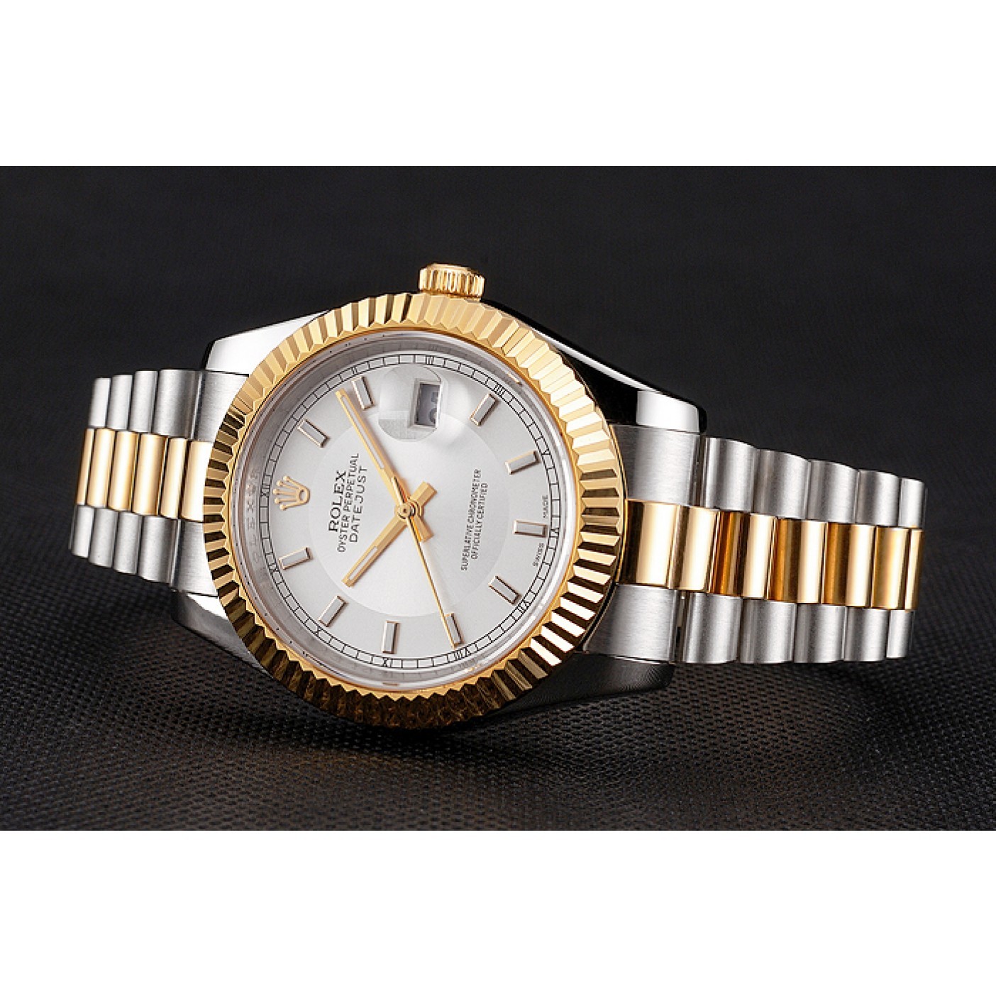 RepTime Watches Swiss Rolex Datejust White Dial Gold Bezel Stainless Steel Case Two Tone Gold Bracelet