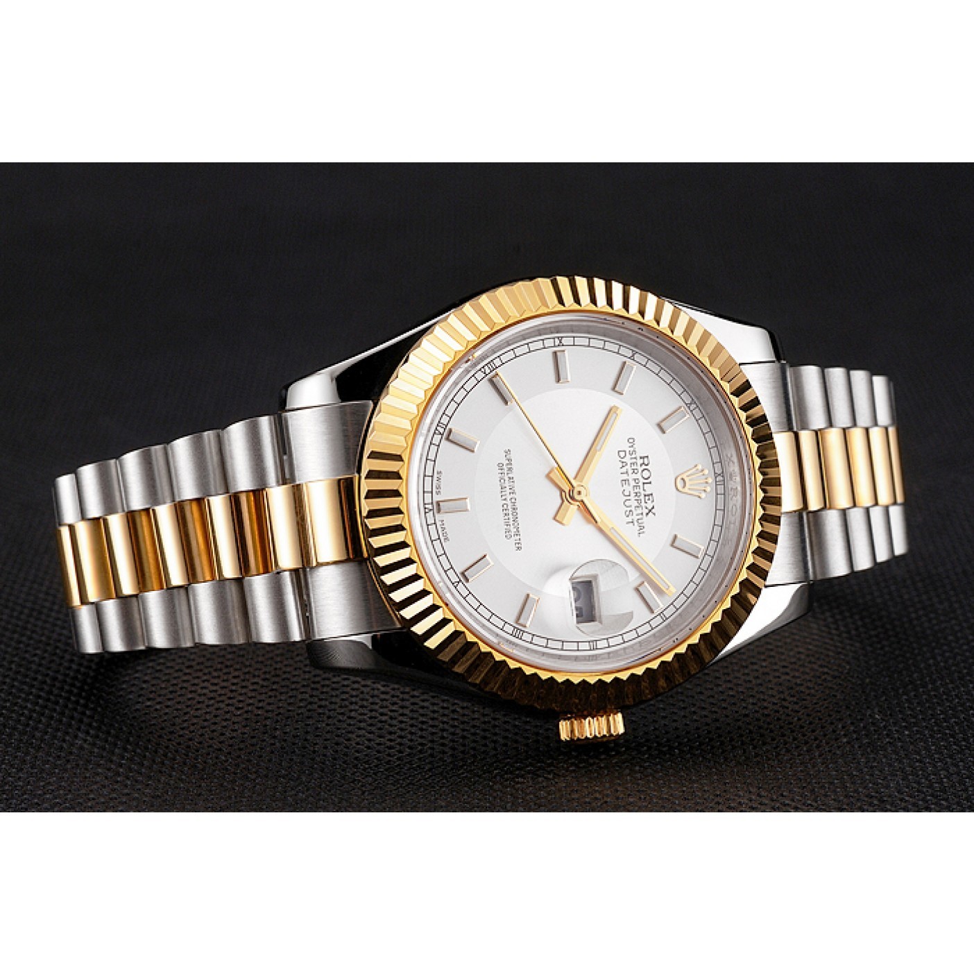 RepTime Watches Swiss Rolex Datejust White Dial Gold Bezel Stainless Steel Case Two Tone Gold Bracelet