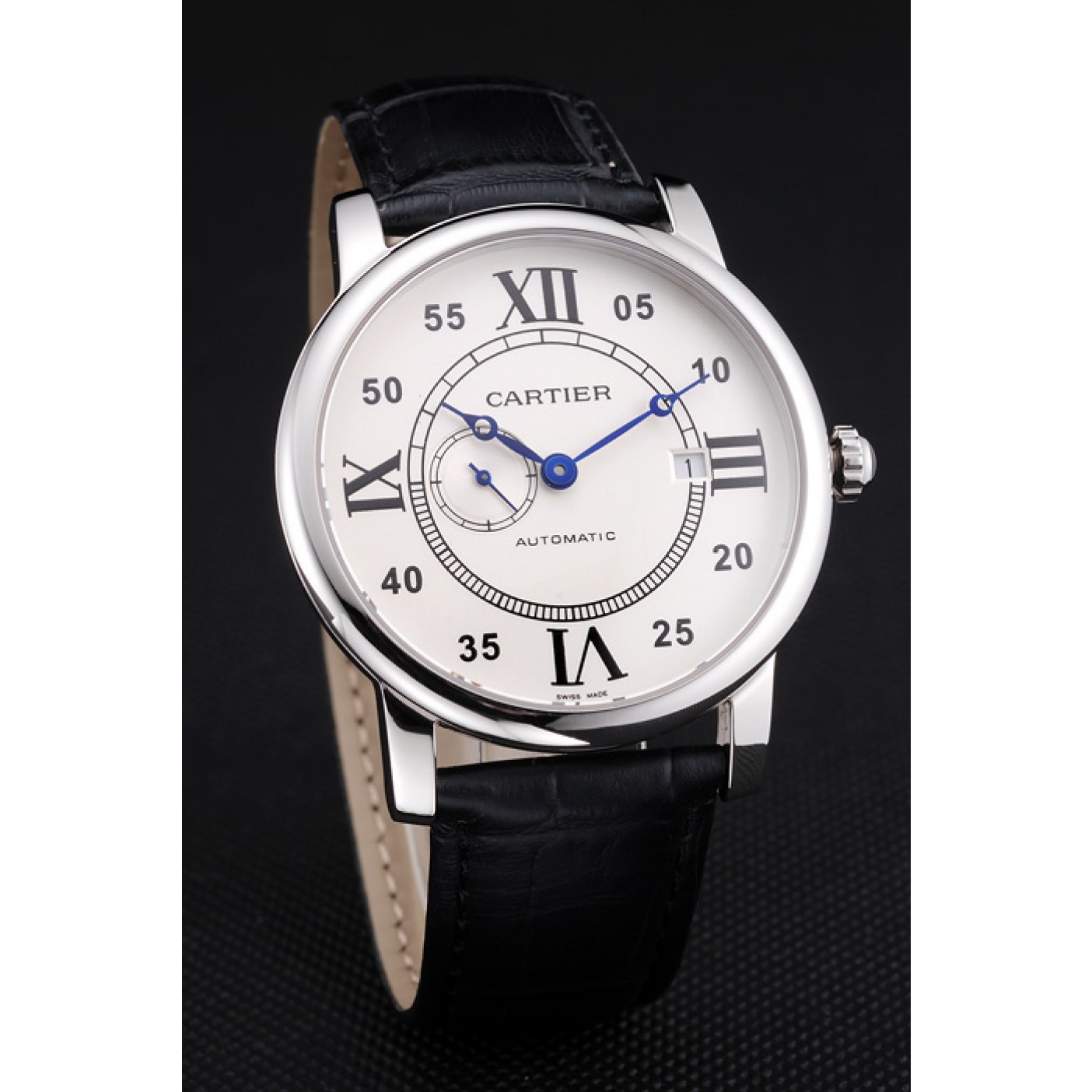 Swiss Cartier Rotonde Solo White Dial Silver Case Black Leather Strap