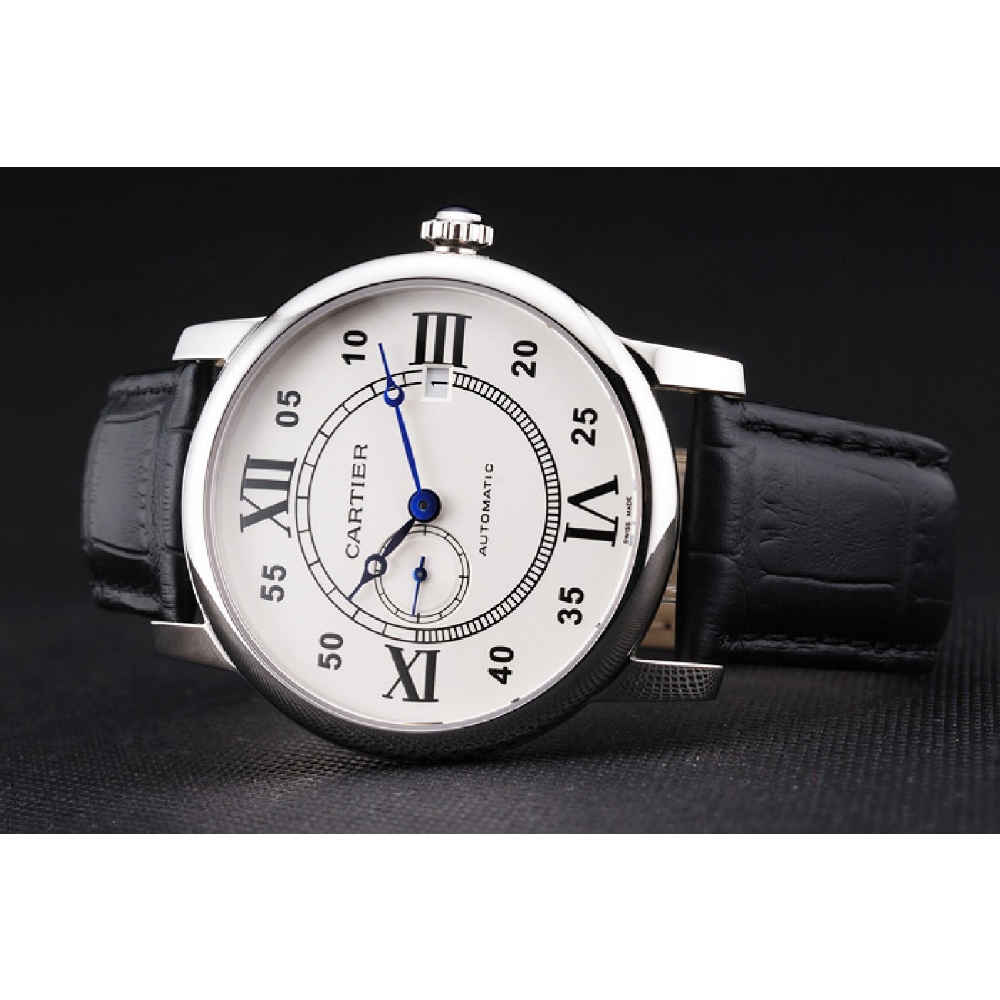 Swiss Cartier Rotonde Solo White Dial Silver Case Black Leather Strap